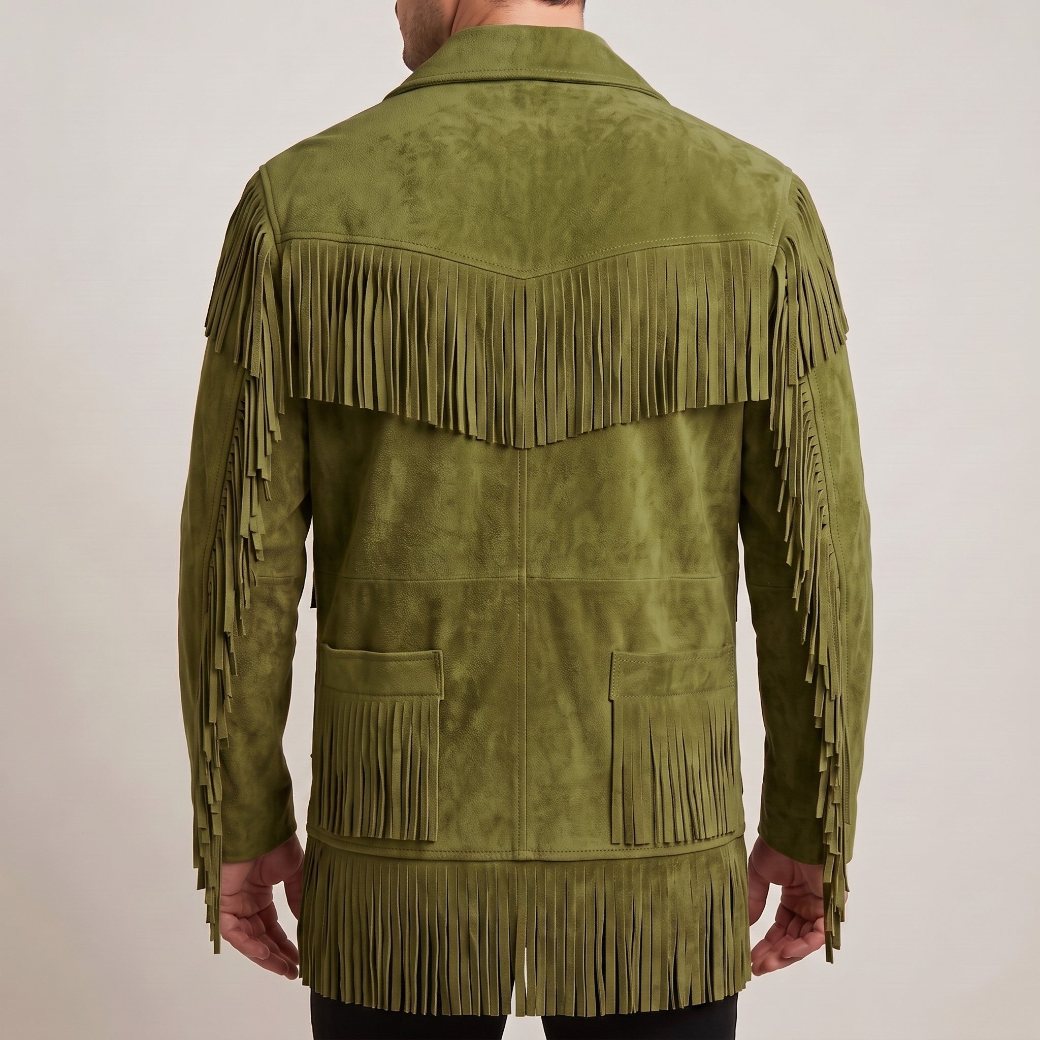 Men's Olive Green Fringed Suede Western Jacket — Crayford