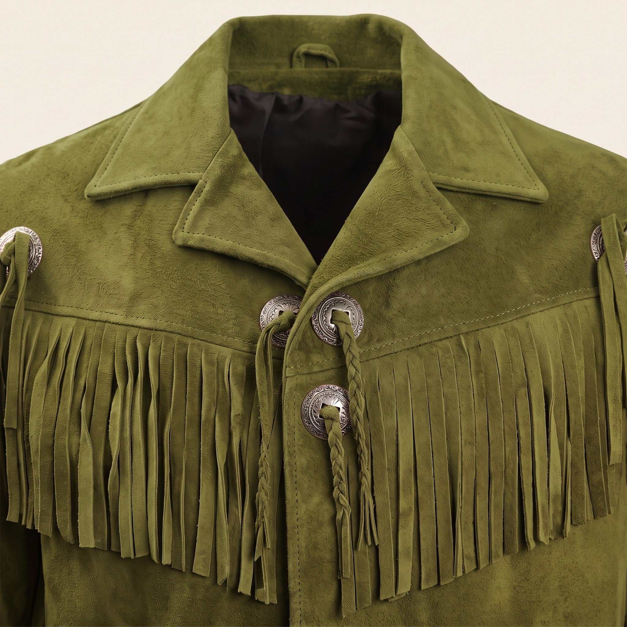 Men's Olive Green Fringed Suede Western Jacket — Crayford