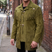 Men's Olive Green Fringed Suede Western Jacket — Crayford