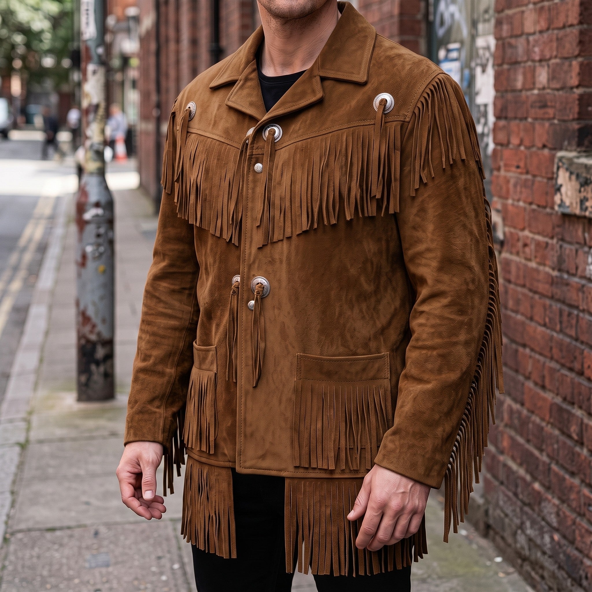 Men's Brown Fringed Suede Western Jacket — Crayford
