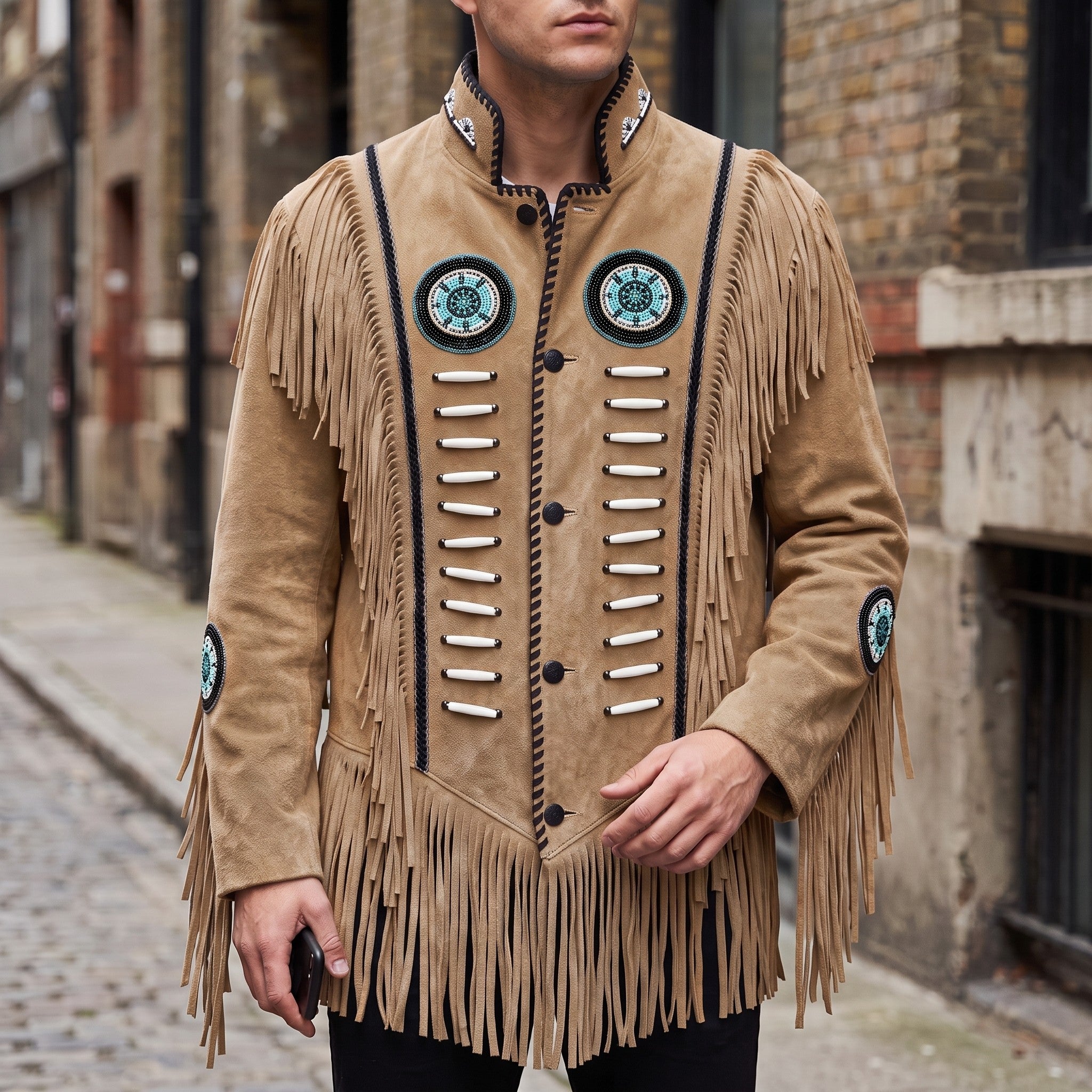 Men's Tan Fringed Suede Jacket — Cherrington