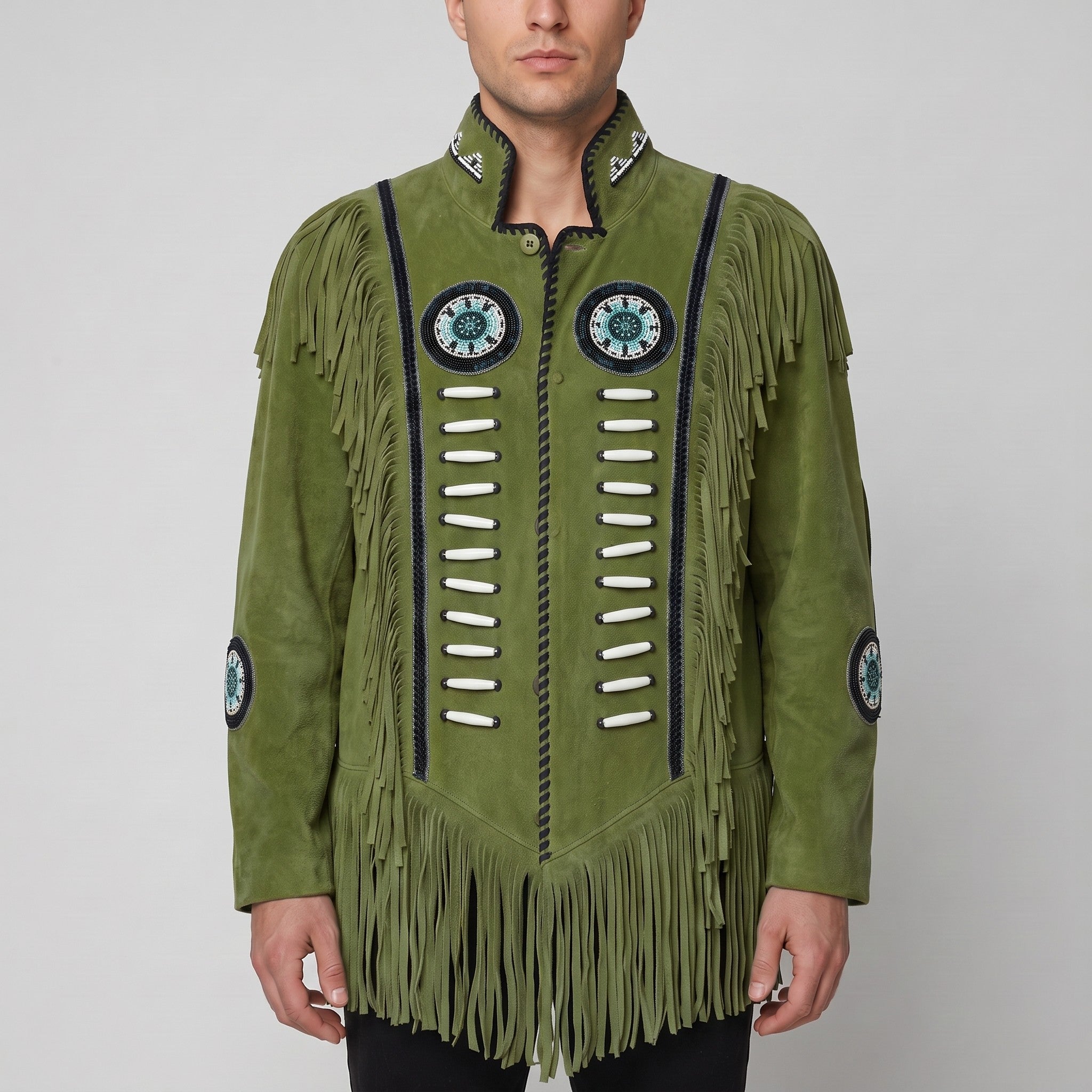 Men's Olive Green Fringed Suede Jacket — Cherrington