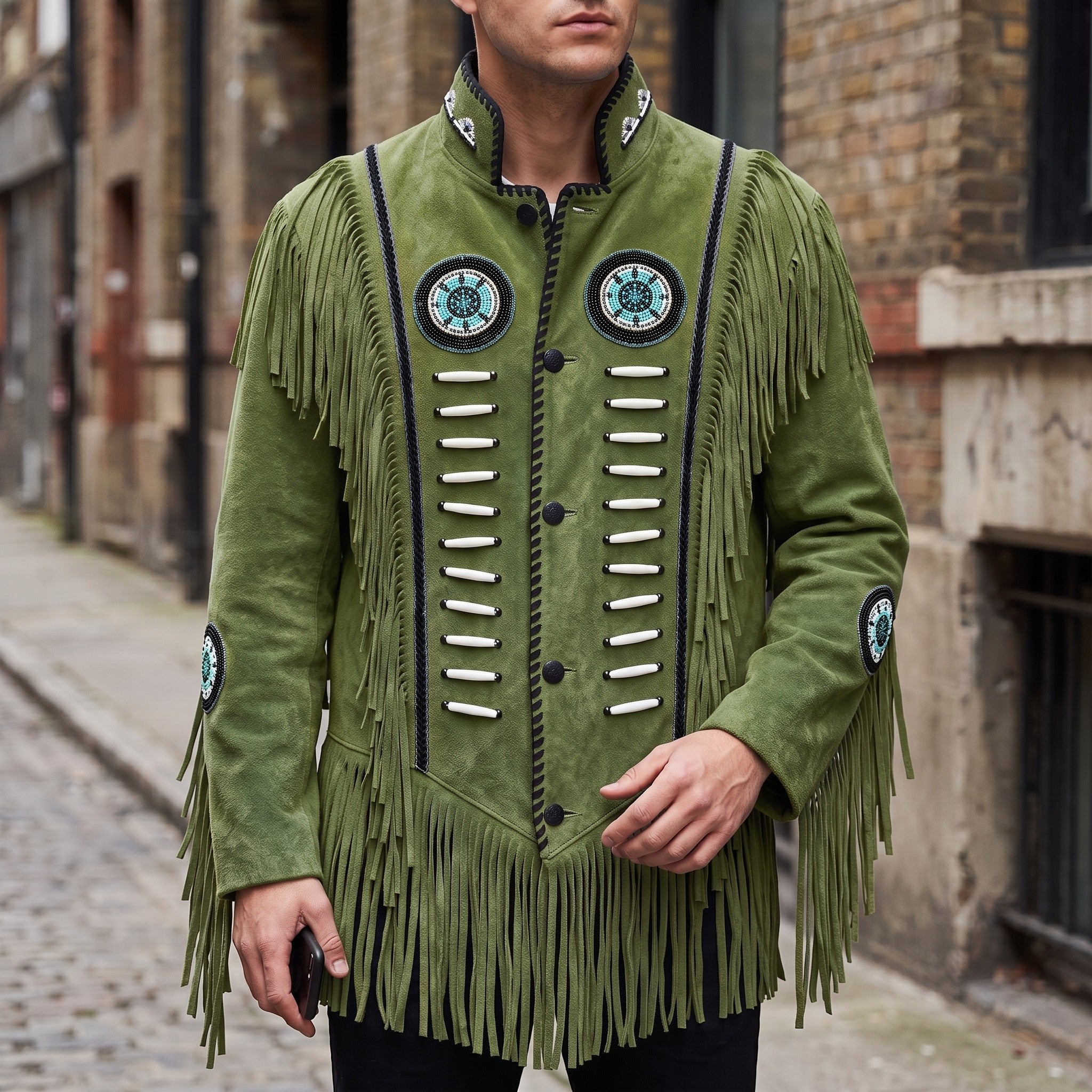 Men's Olive Green Fringed Suede Jacket — Cherrington
