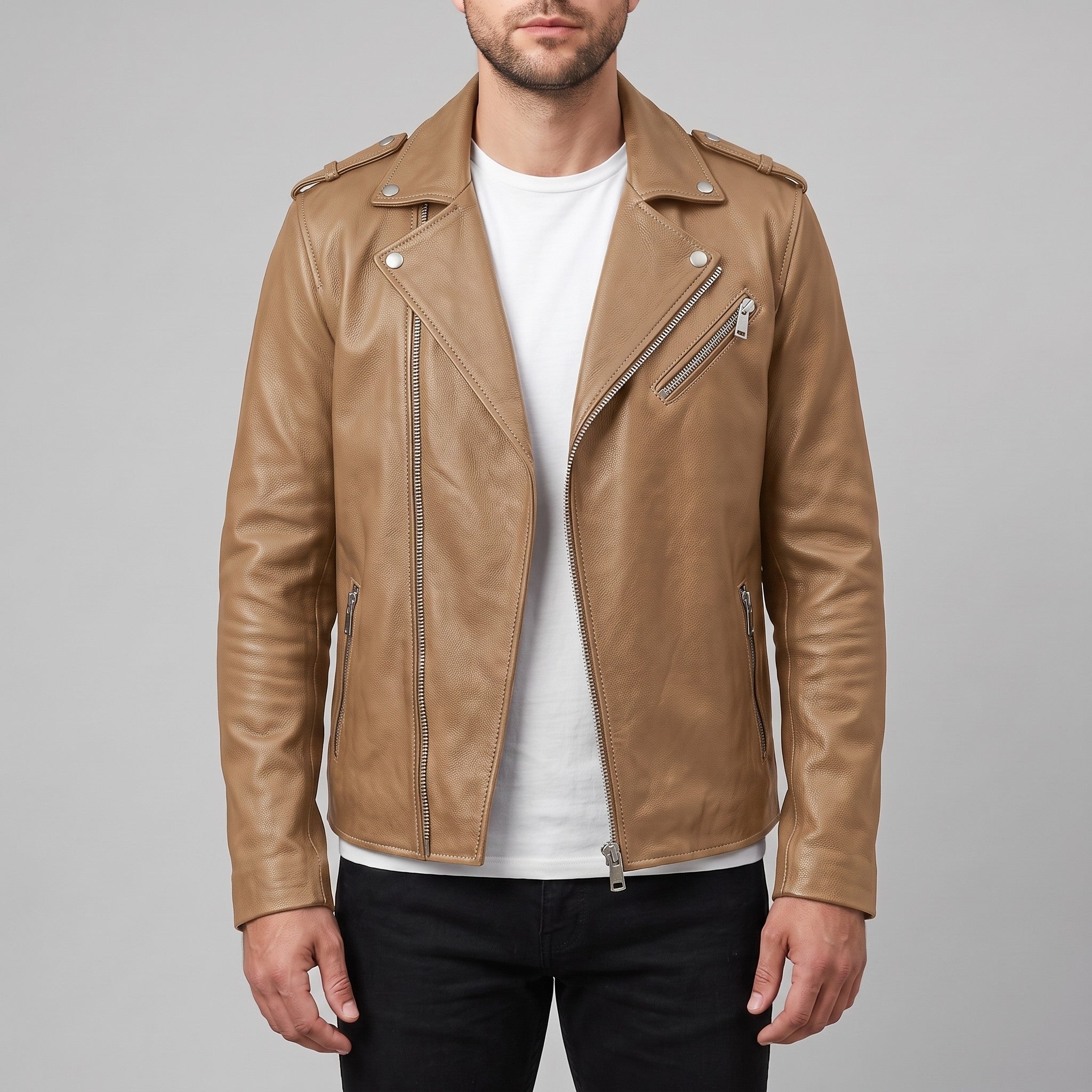 Men's Tan Pebbled Leather Perfecto Jacket — Ashburton