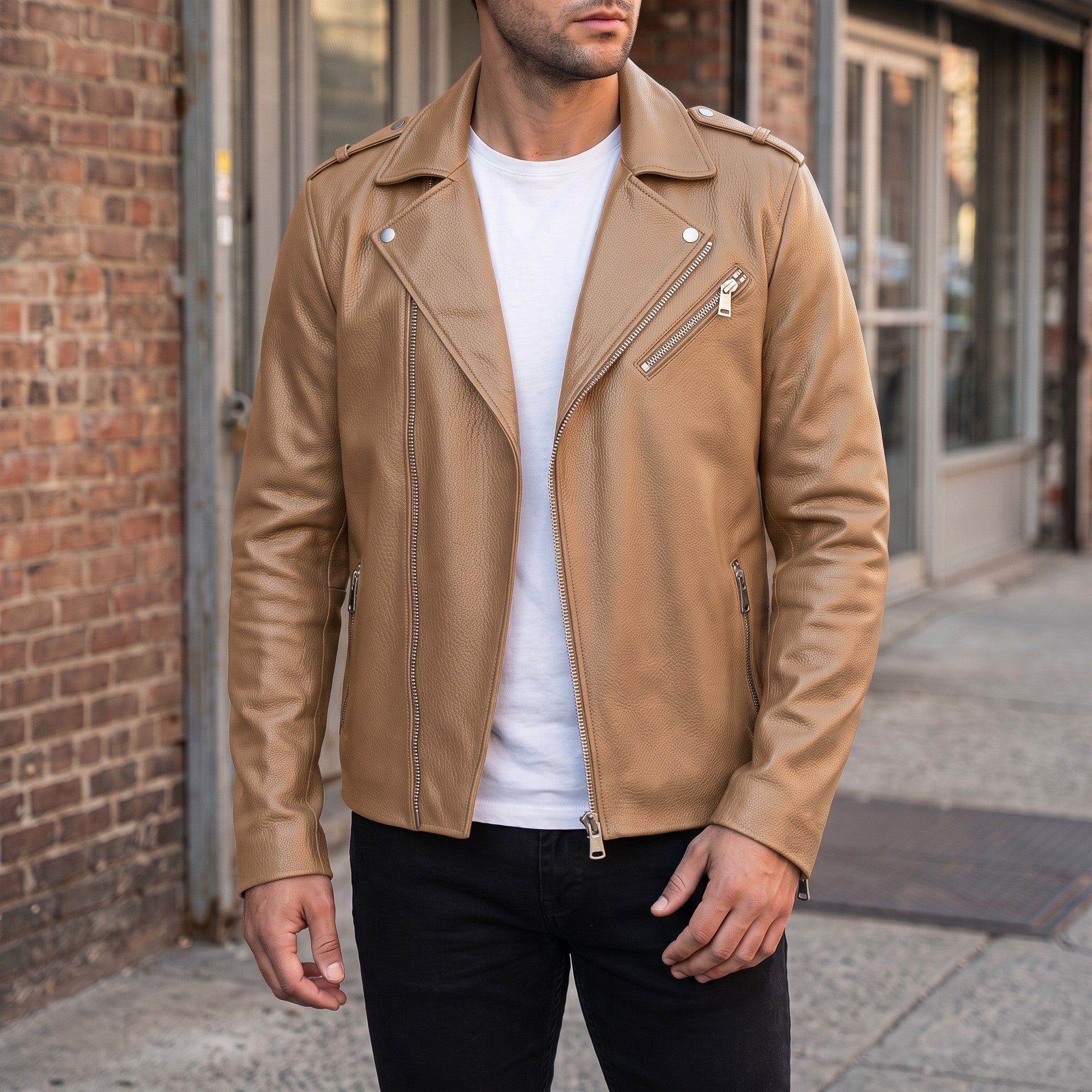 Men's Tan Pebbled Leather Perfecto Jacket — Ashburton