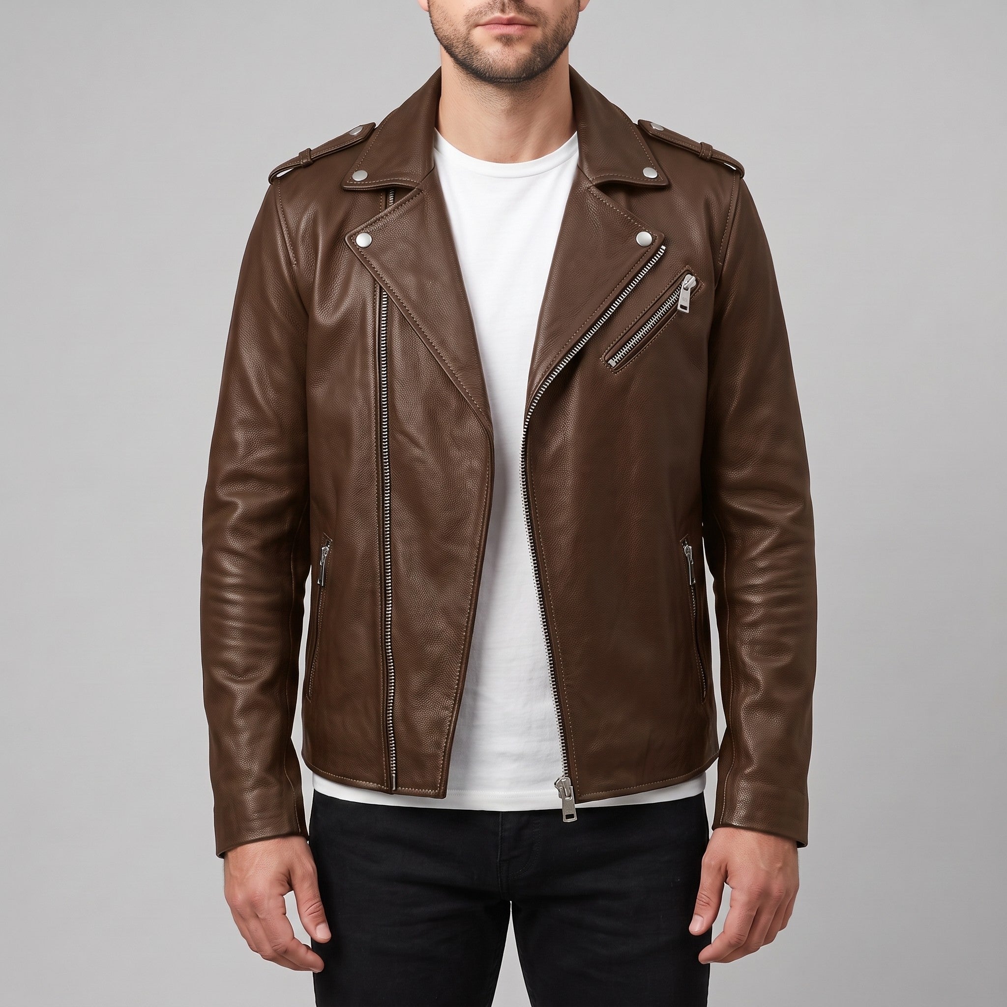 Men's Brown Pebbled Leather Perfecto Jacket — Ashburton