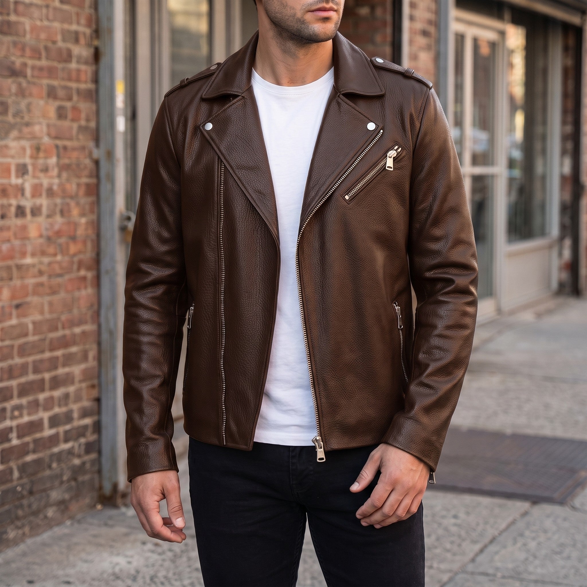 Men's Brown Pebbled Leather Perfecto Jacket — Ashburton