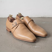 Men's Tan Plain-Toe Leather Monk Strap Shoes — Attley