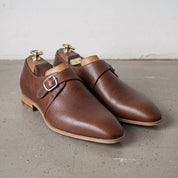 Men's Brown Plain-Toe Leather Monk Strap Shoes — Attley