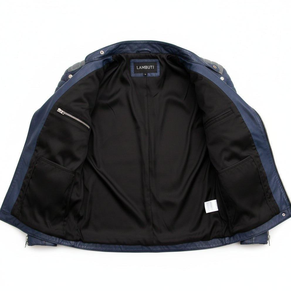 Men's Dark Blue and Grey Quilted Leather Perfecto Biker Jacket — Gibson