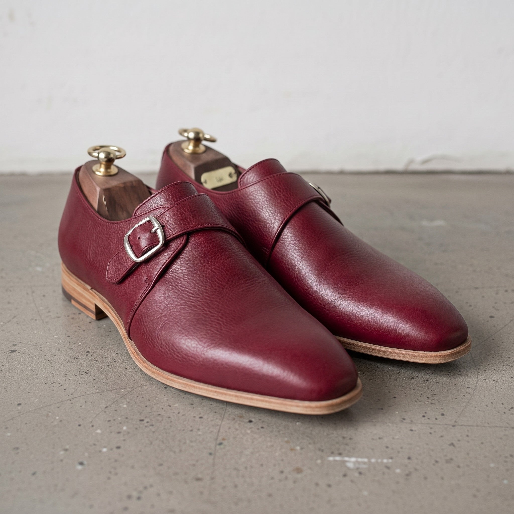 Men's Burgundy Plain-Toe Leather Monk Strap Shoes — Attley