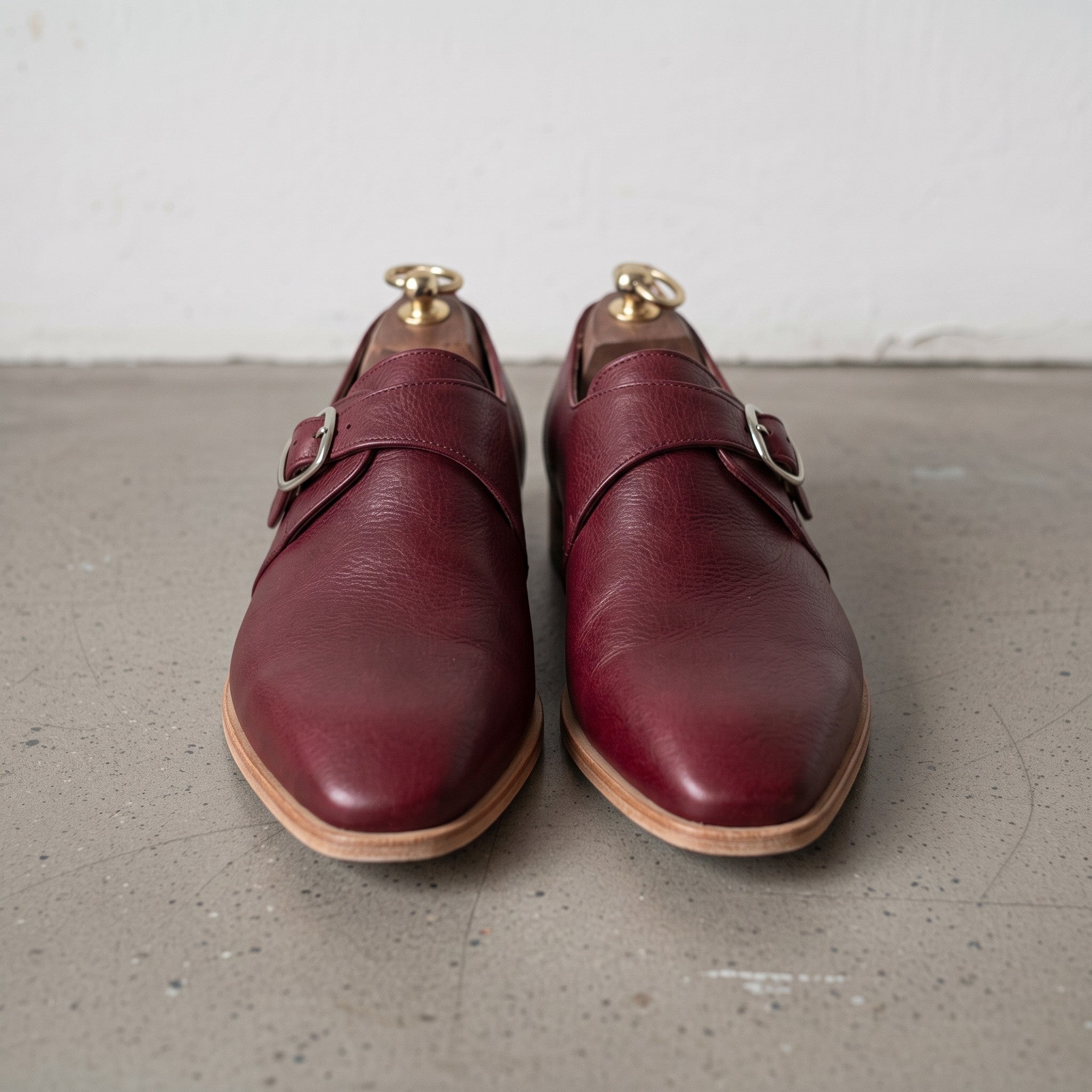 Men's Burgundy Plain-Toe Leather Monk Strap Shoes — Attley