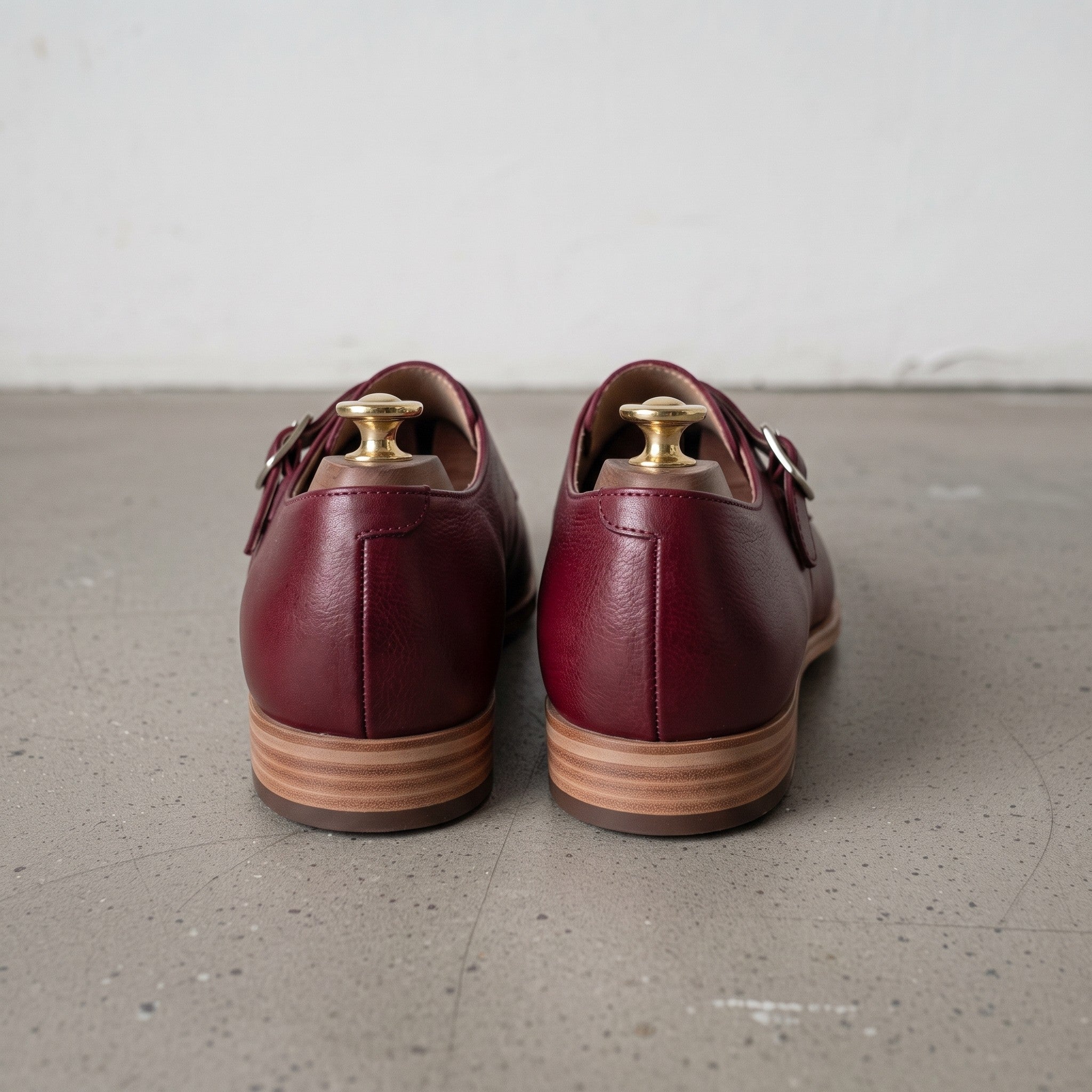 Men's Burgundy Plain-Toe Leather Monk Strap Shoes — Attley