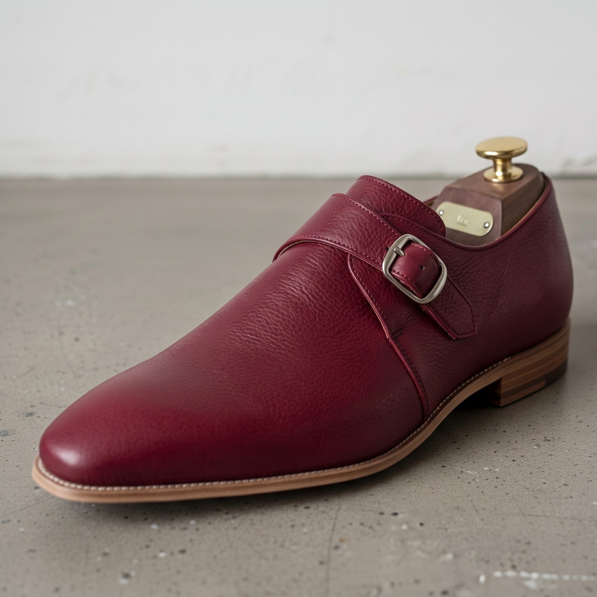 Men's Burgundy Plain-Toe Leather Monk Strap Shoes — Attley