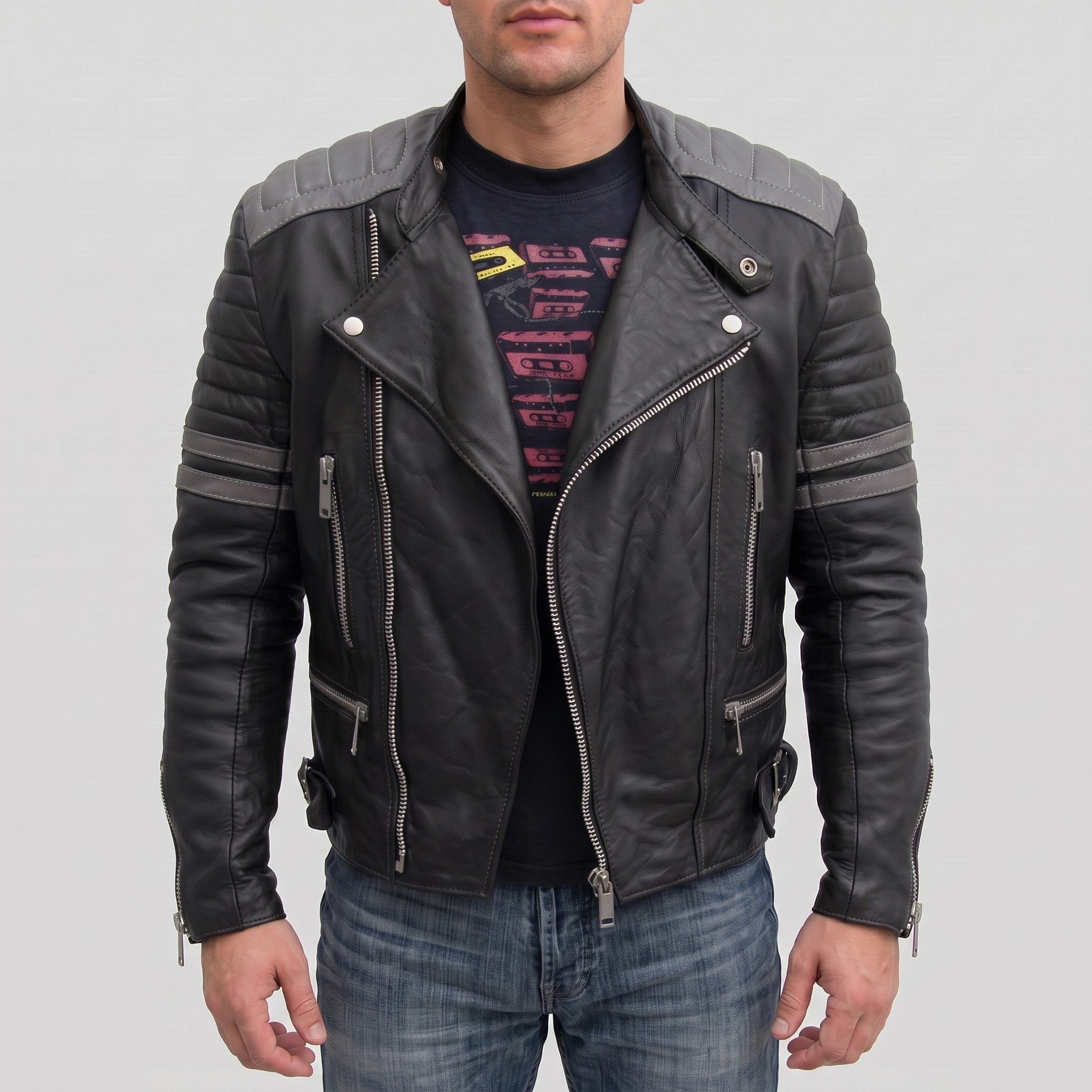 Men's Black and Grey Quilted Leather Perfecto Biker Jacket — Gibson