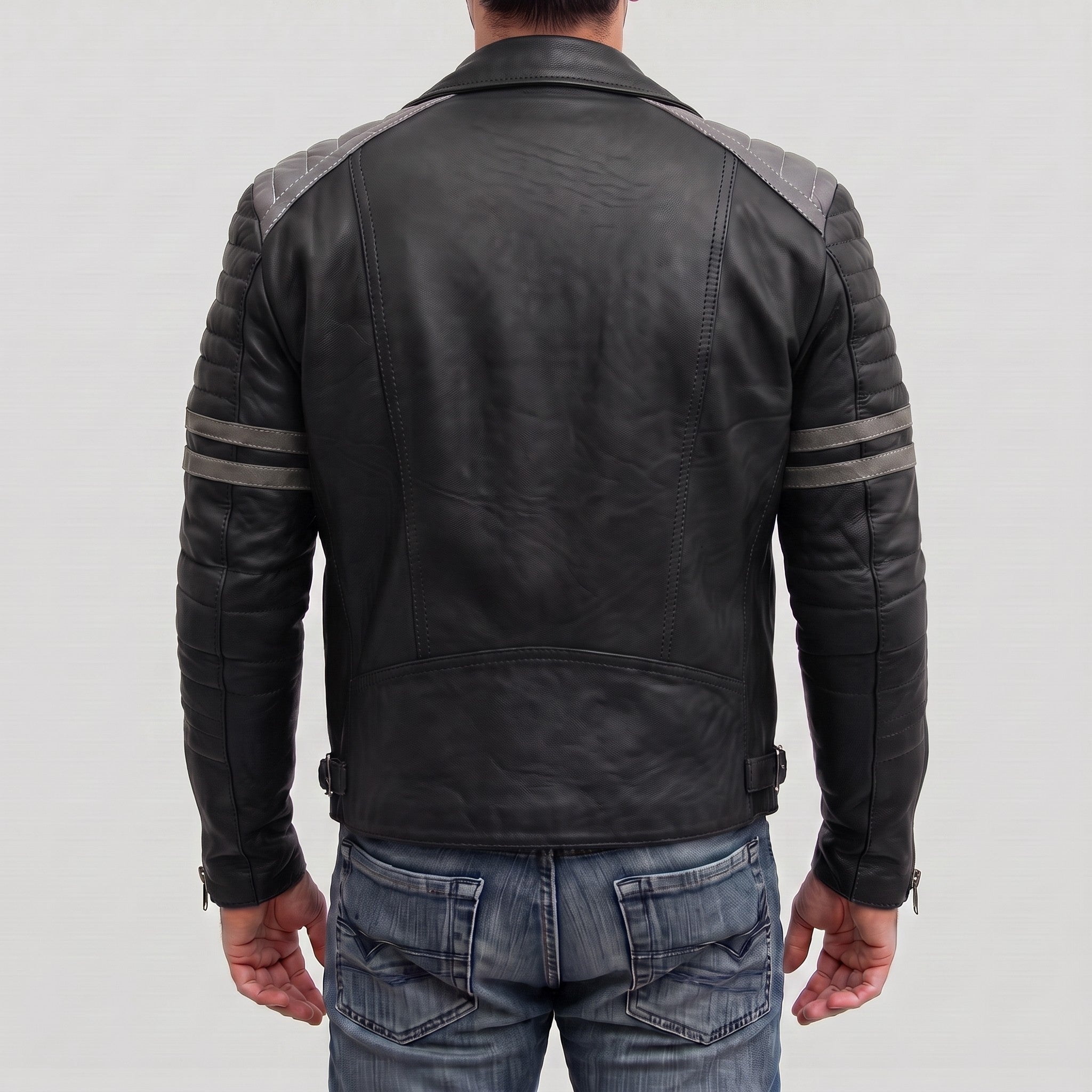 Men's Black and Grey Quilted Leather Perfecto Biker Jacket — Gibson
