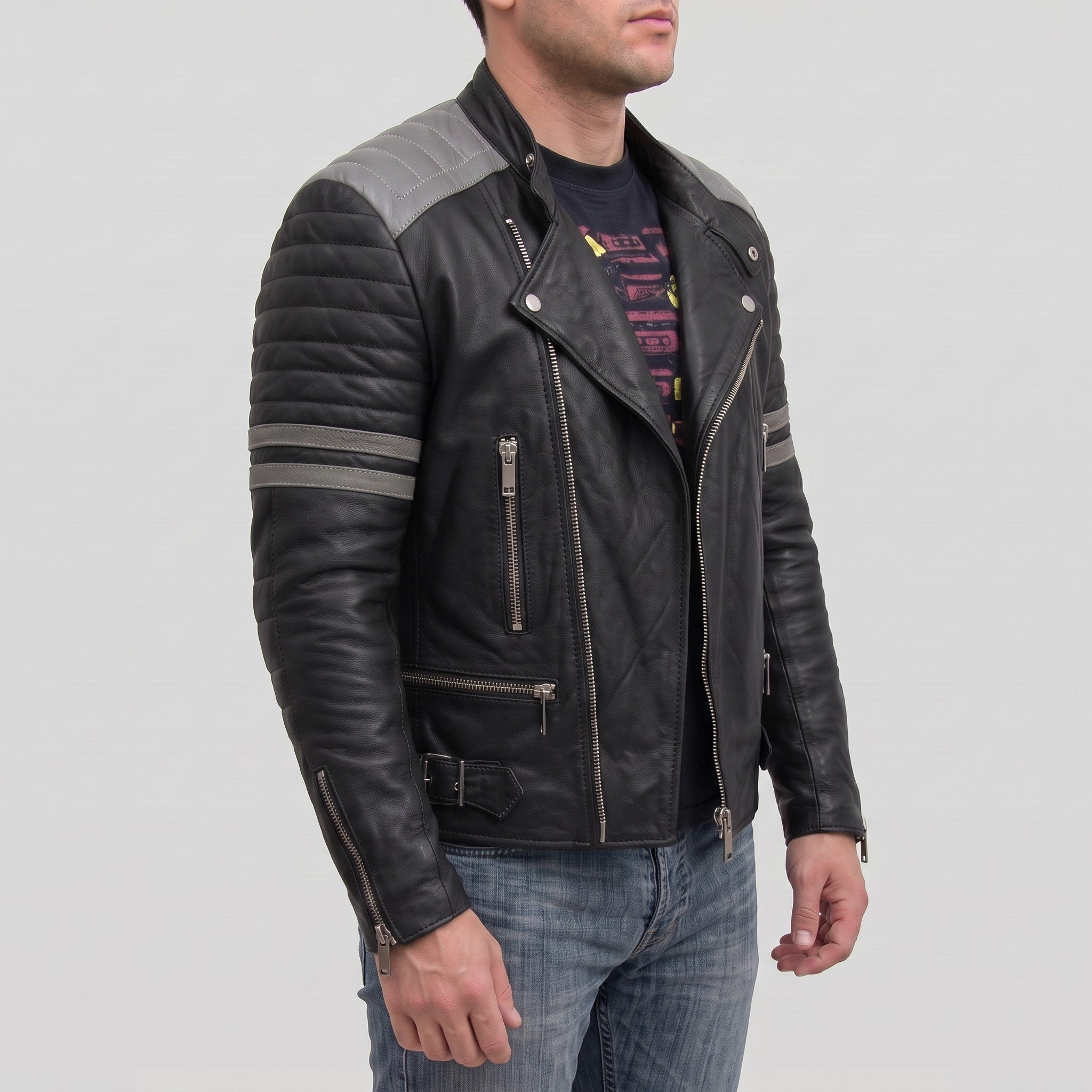 Men's Black and Grey Quilted Leather Perfecto Biker Jacket — Gibson