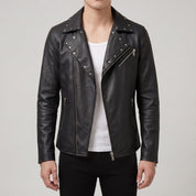 Men's Black Studded Leather Biker Jacket — Fossett