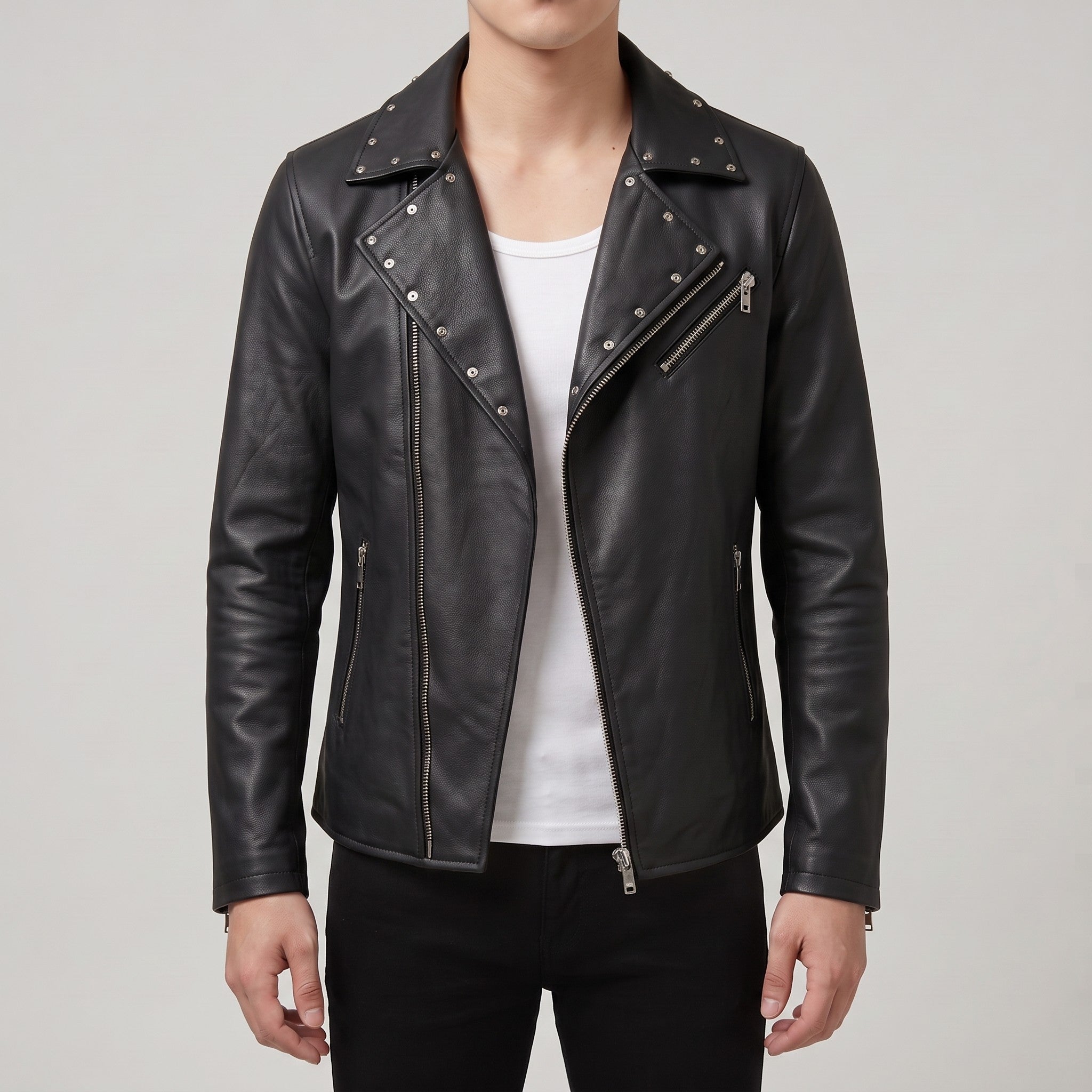 Men's Black Studded Leather Biker Jacket — Fossett