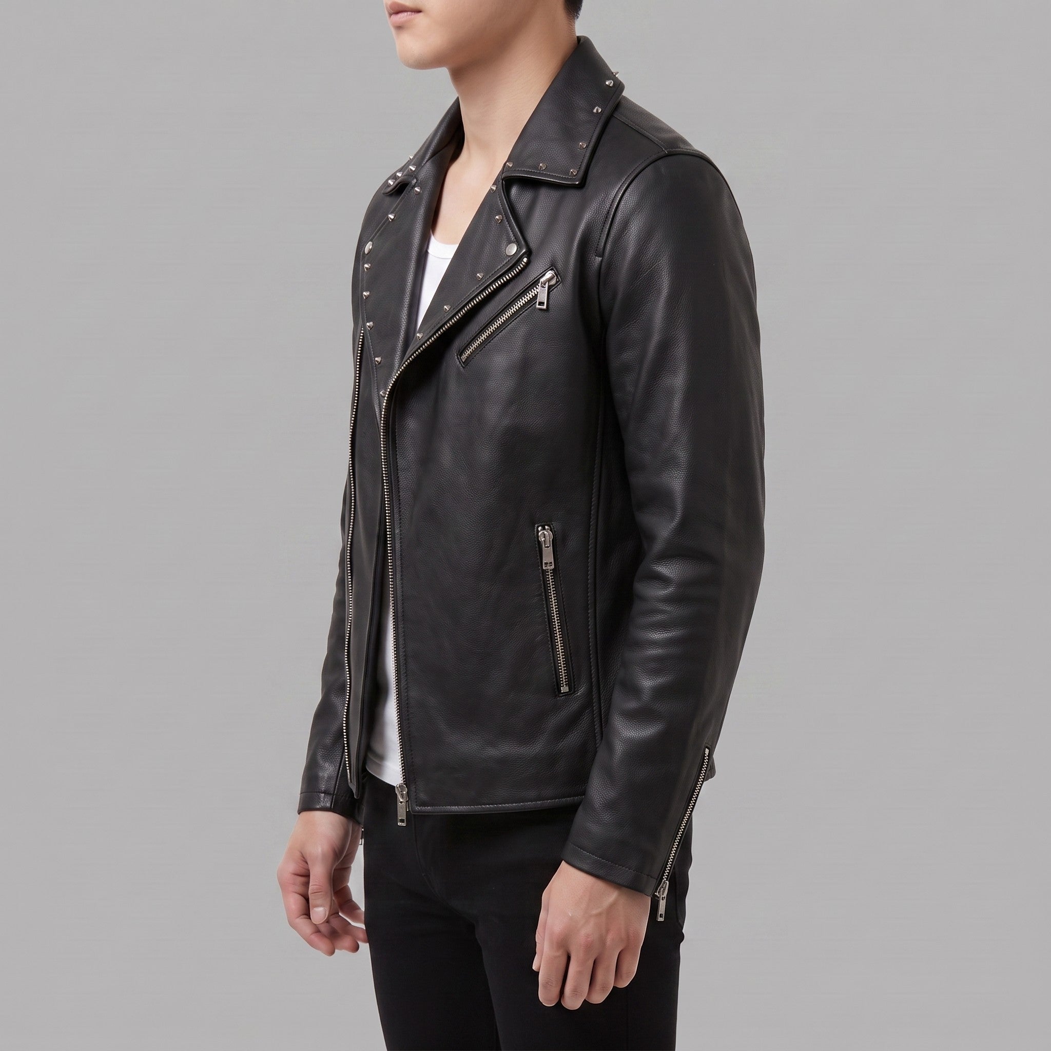 Men's Black Studded Leather Biker Jacket — Fossett