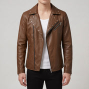 Men's Brown Studded Leather Biker Jacket — Fossett