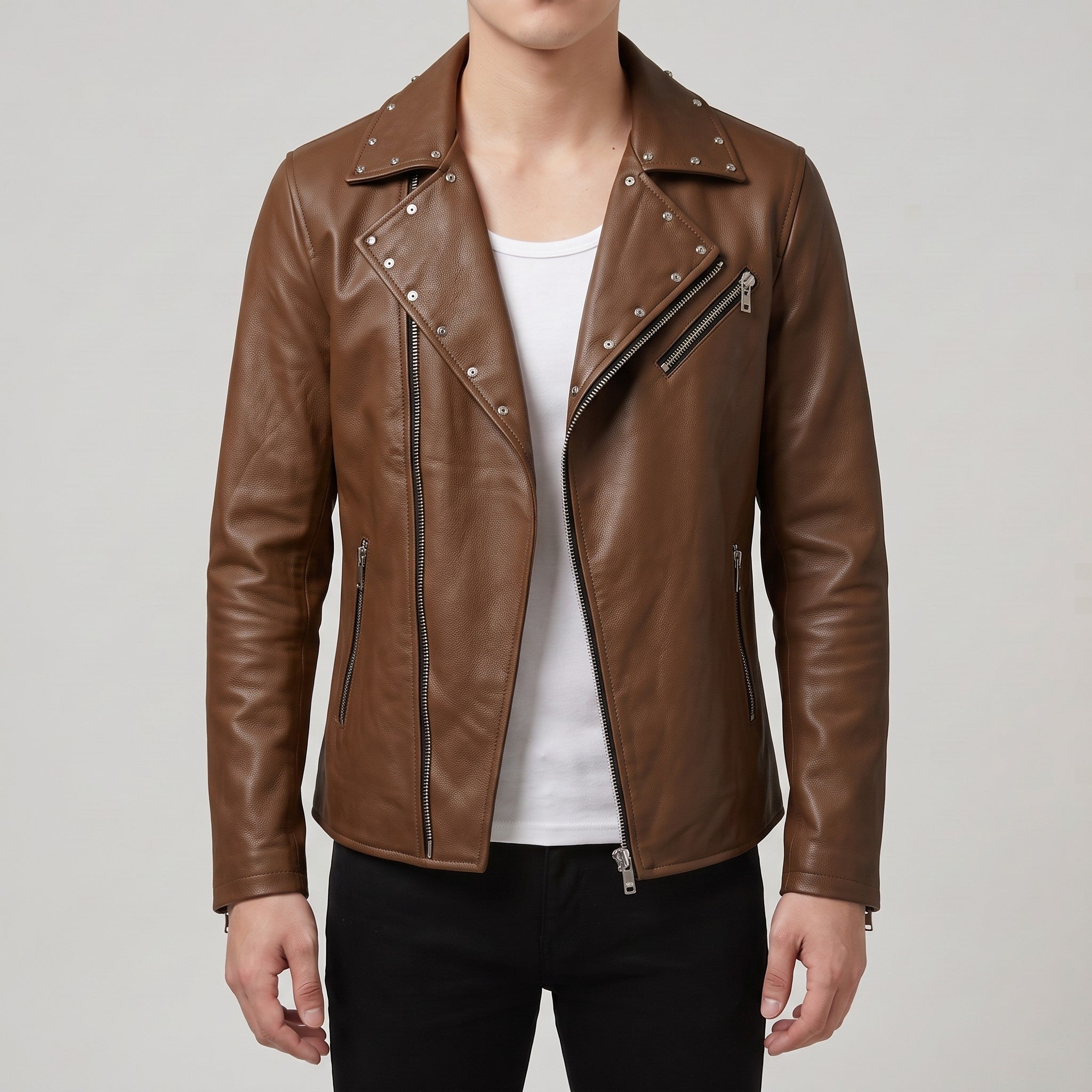 Men's Brown Studded Leather Biker Jacket — Fossett