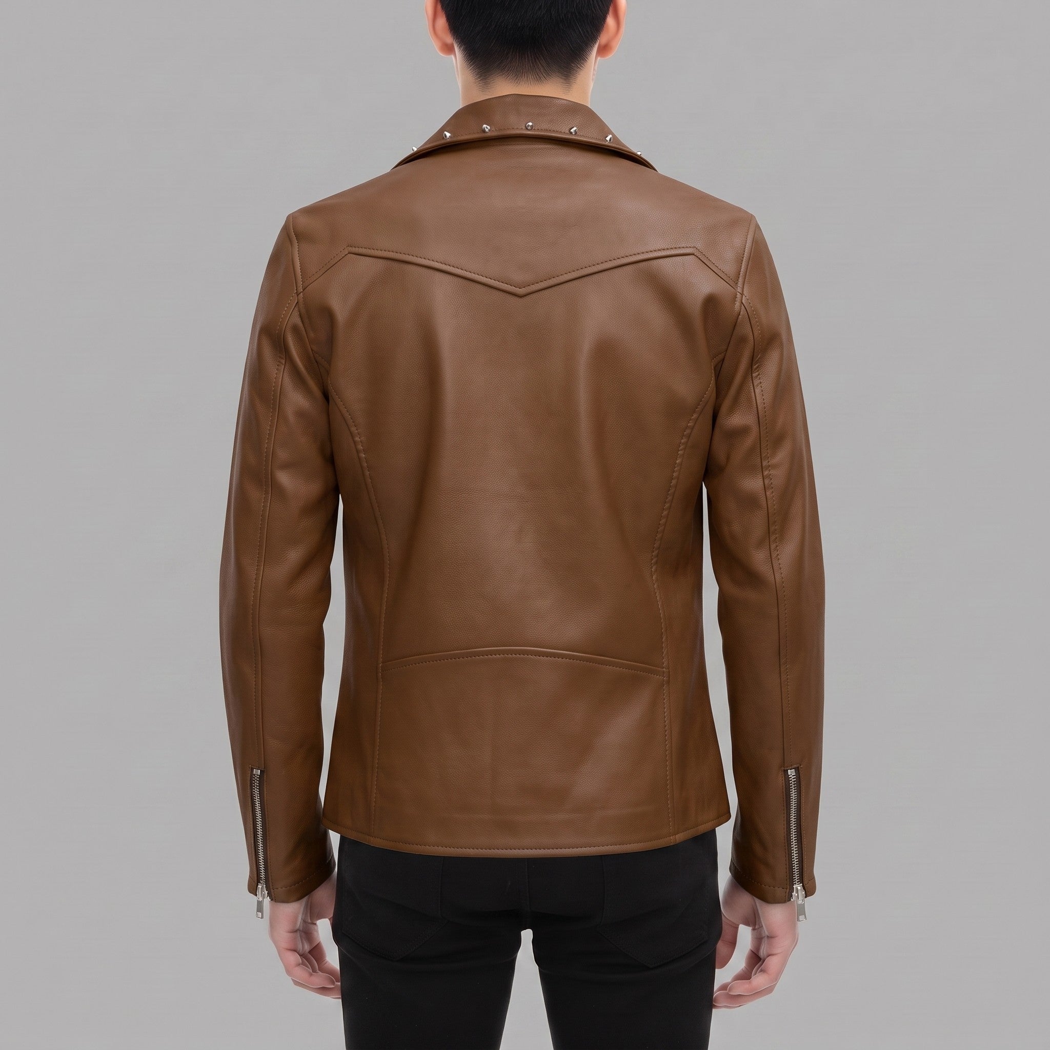 Men's Brown Studded Leather Biker Jacket — Fossett