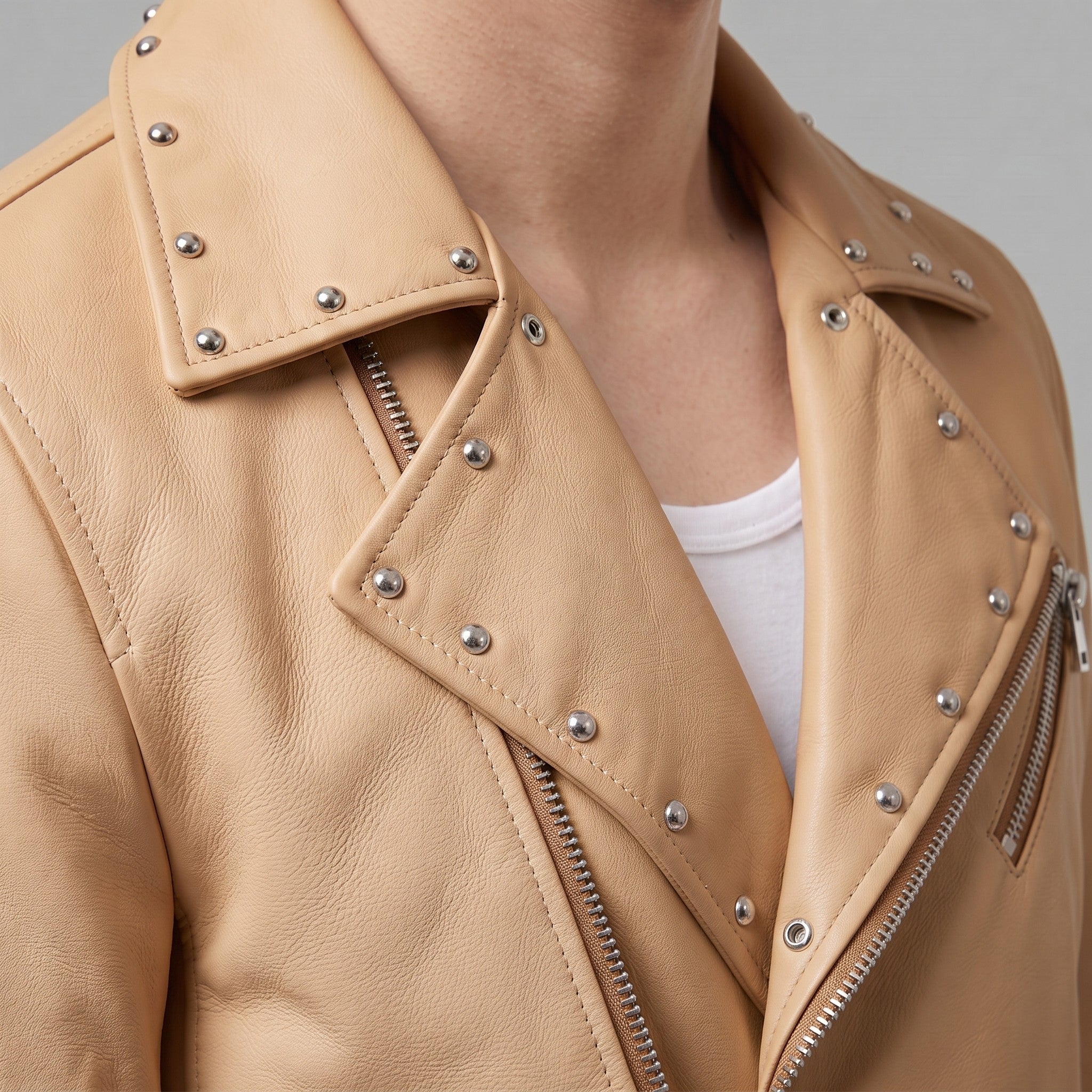 Men's Tan Studded Leather Biker Jacket — Fossett