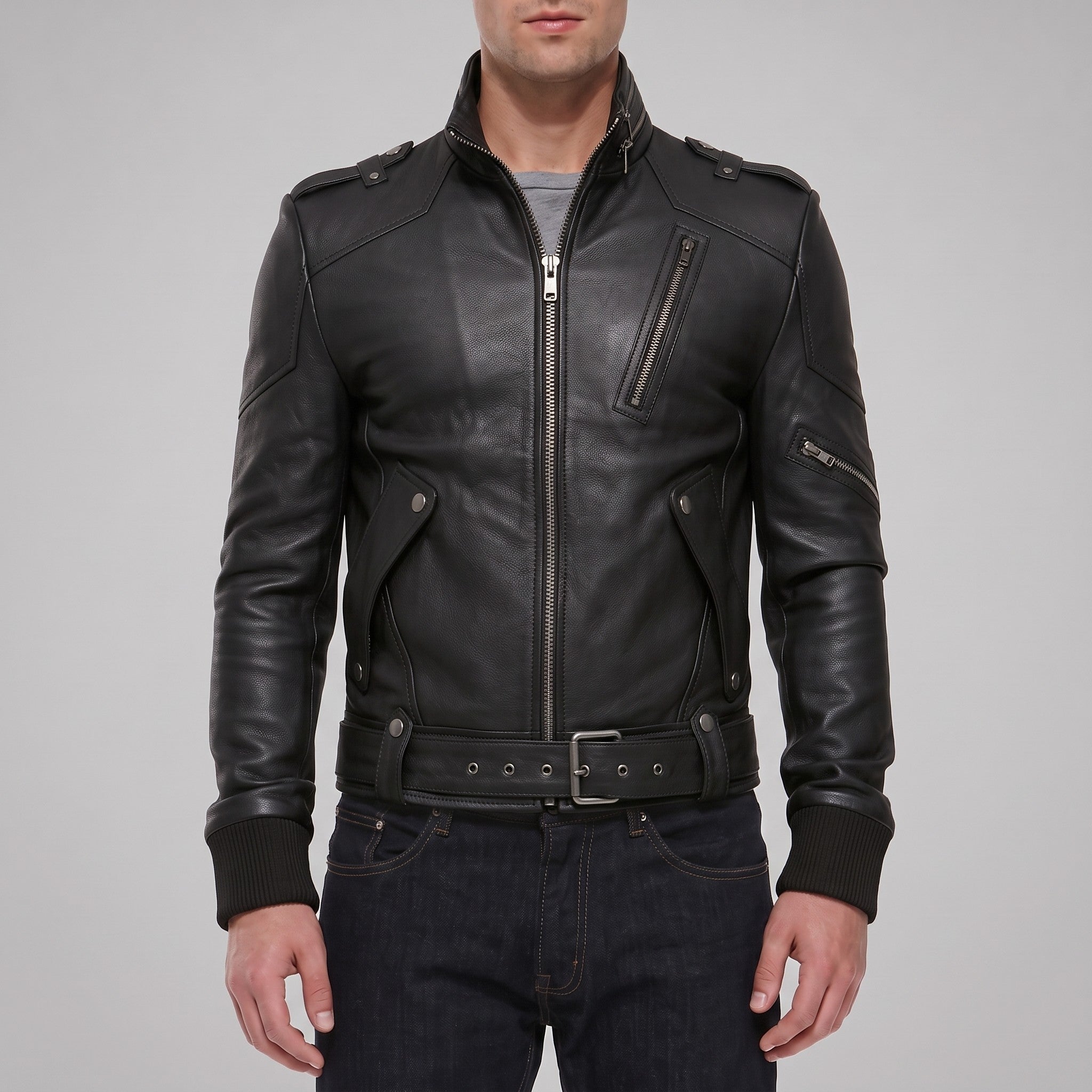 Men's Black Leather Biker Jacket — Ayton