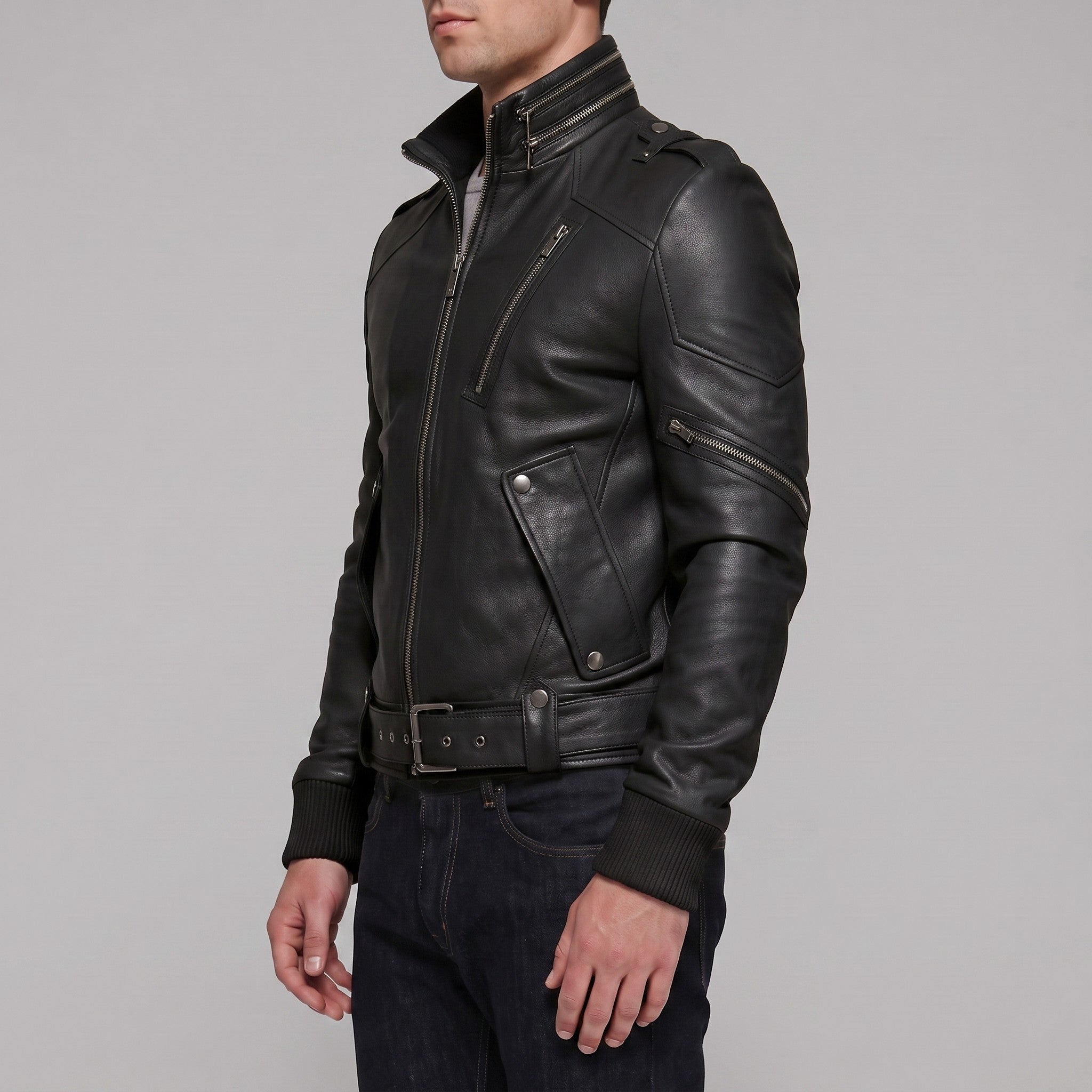 Men's Black Leather Biker Jacket — Ayton