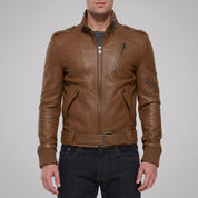 Men's Brown Leather Biker Jacket — Ayton