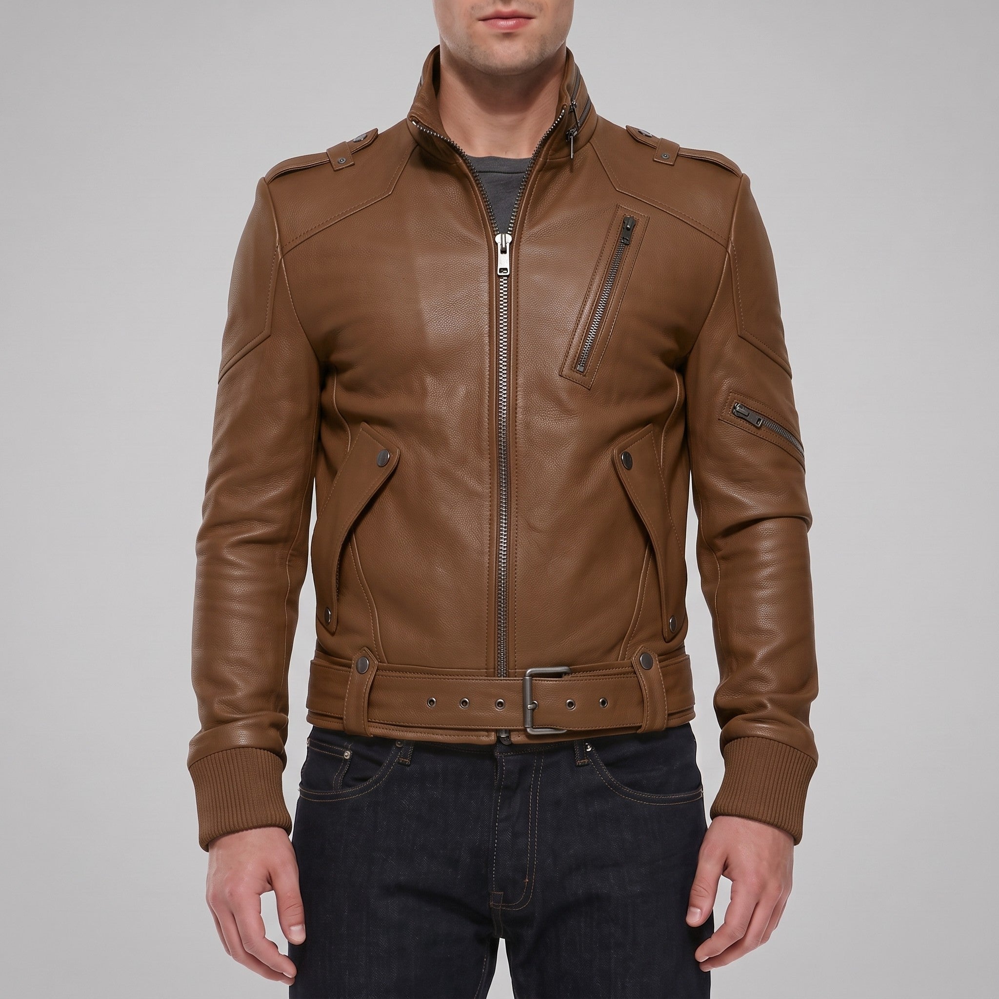 Men's Brown Leather Biker Jacket — Ayton