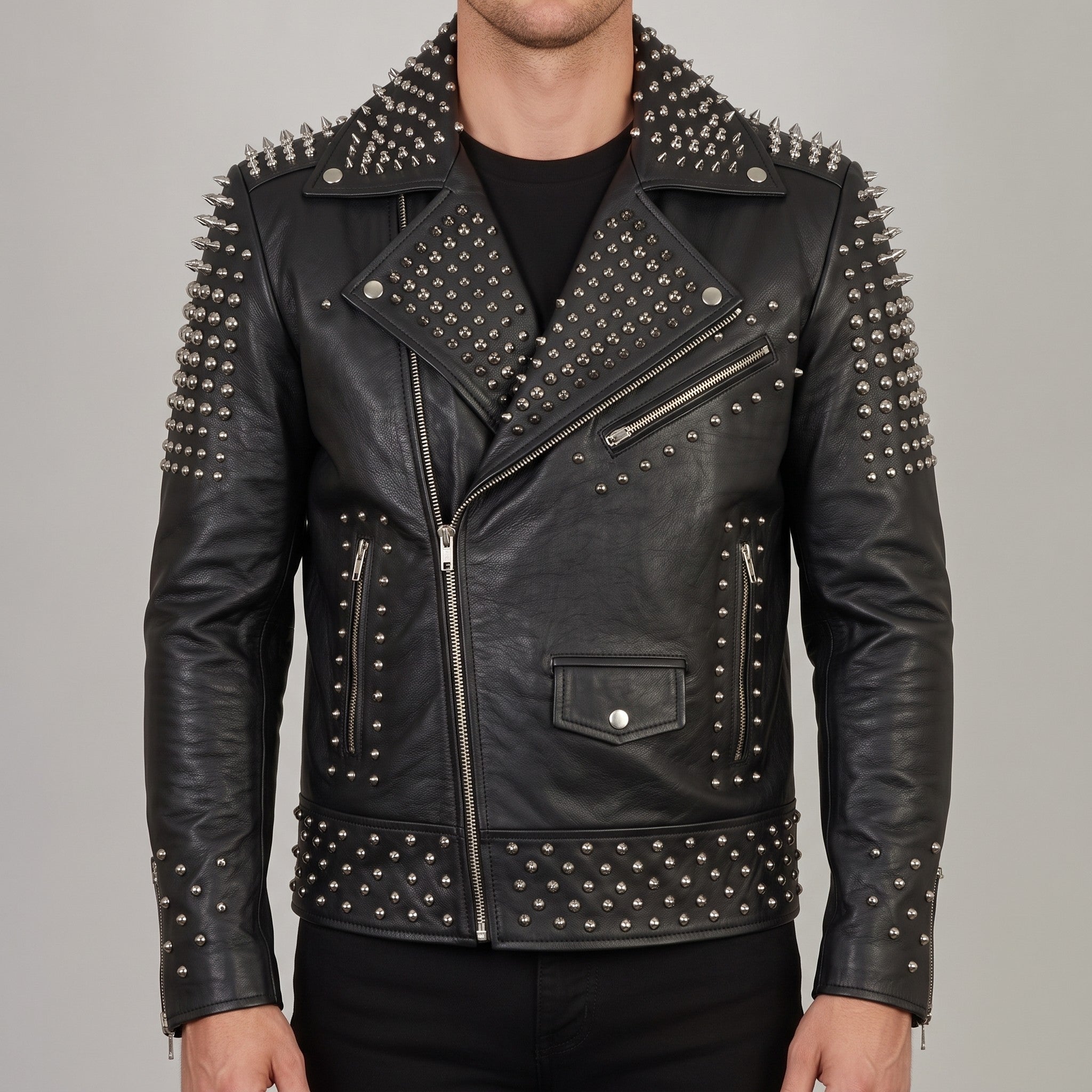 Men's Black Studded Leather Biker Jacket — Abbeville