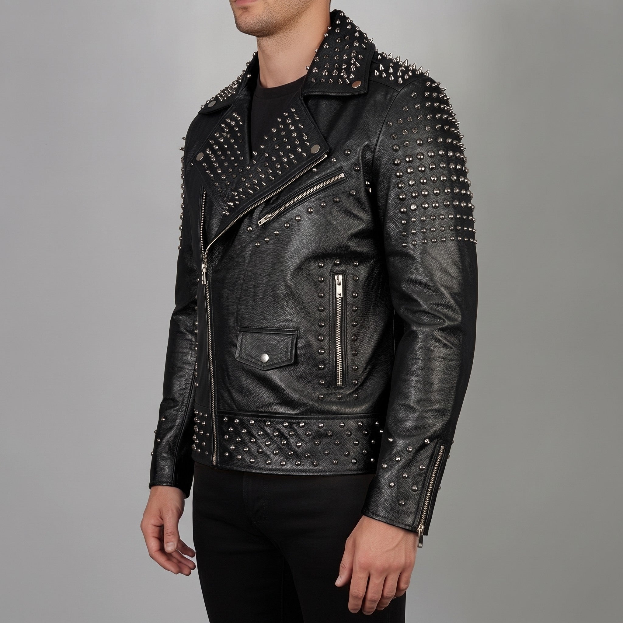 Men's Black Studded Leather Biker Jacket — Abbeville