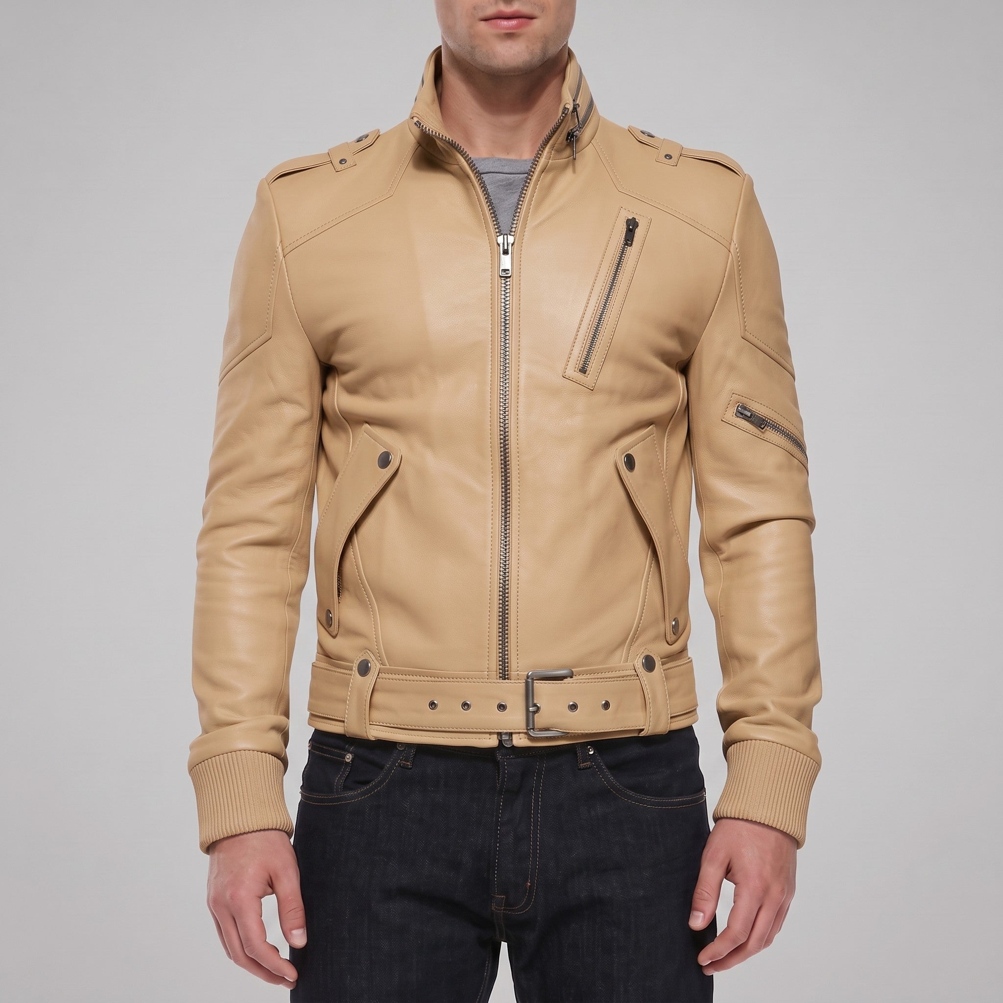 Men's Tan Leather Biker Jacket — Ayton