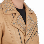 Men's Tan Studded Leather Biker Jacket — Abbeville