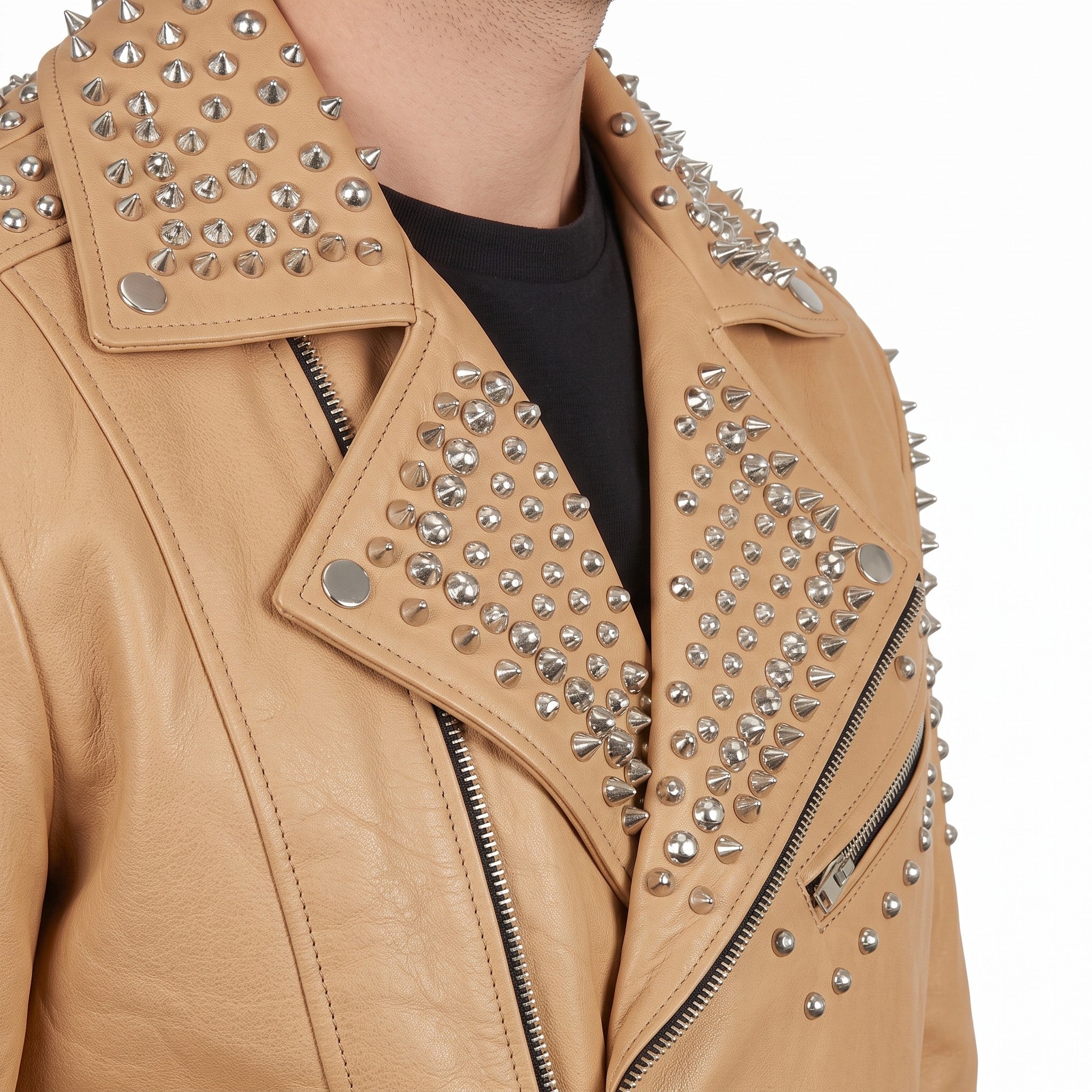 Men's Tan Studded Leather Biker Jacket — Abbeville