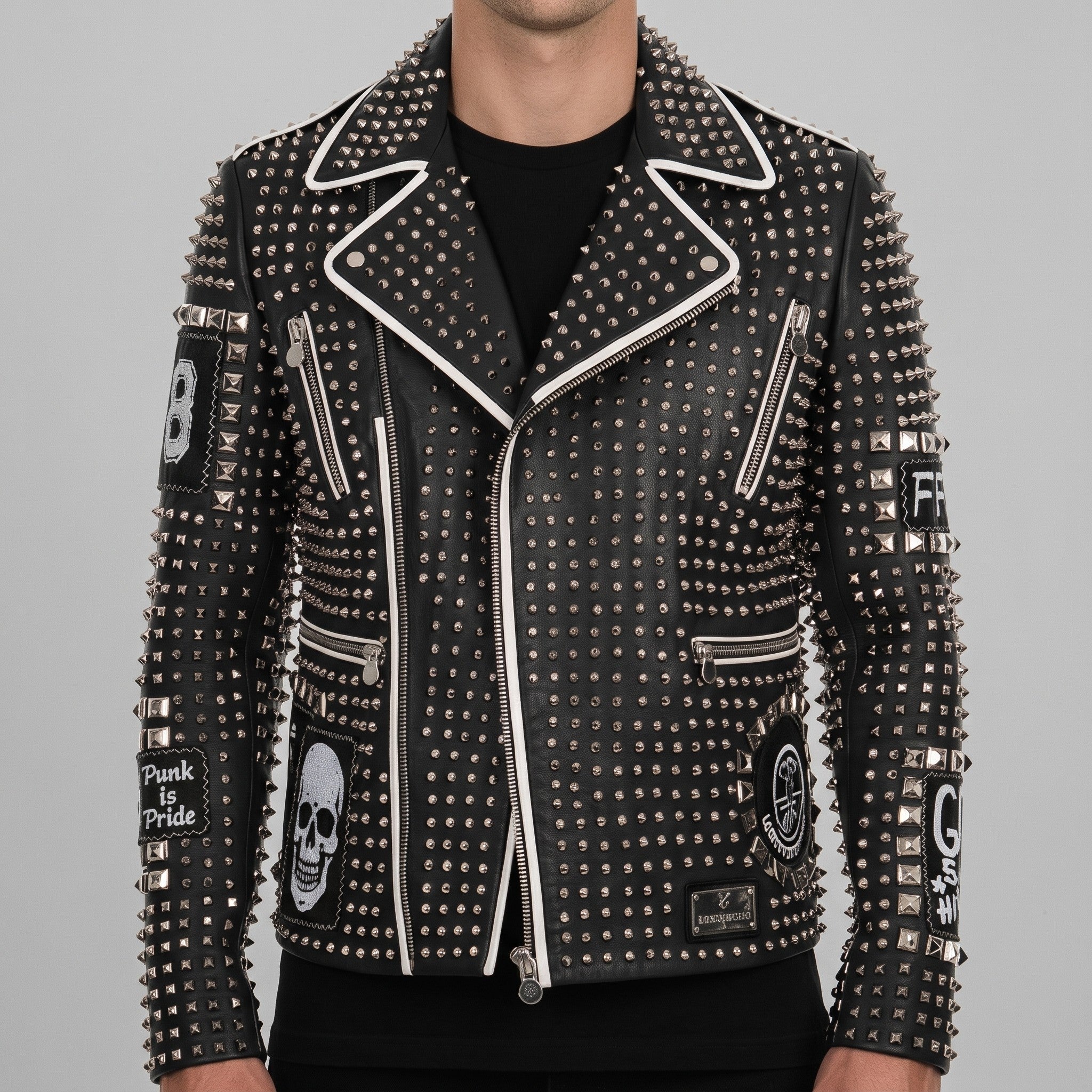 Men's Black Studded Leather Biker Jacket — Binley
