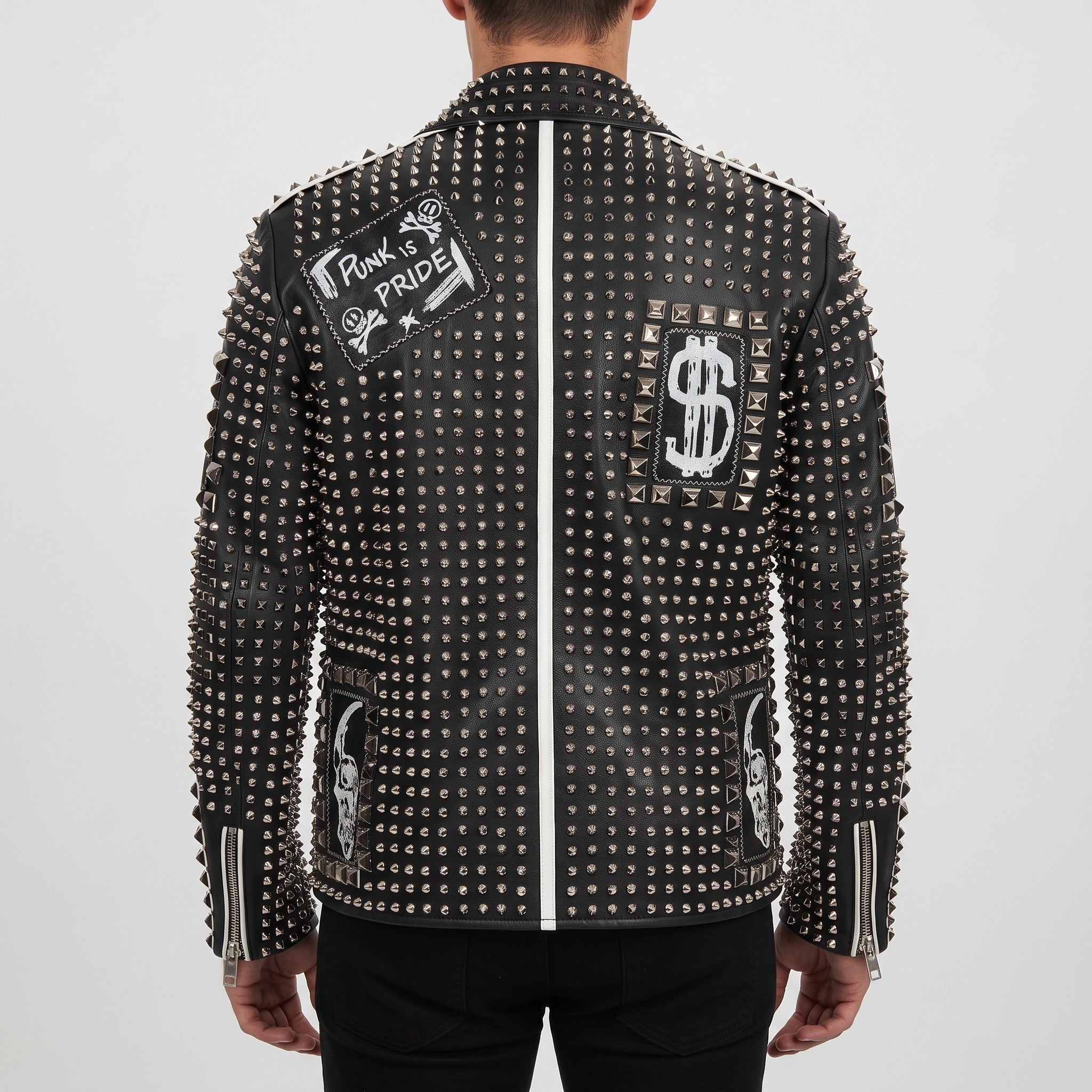 Men's Black Studded Leather Biker Jacket — Binley