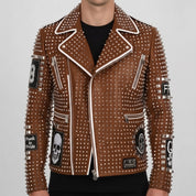 Men's Brown Studded Leather Biker Jacket — Binley