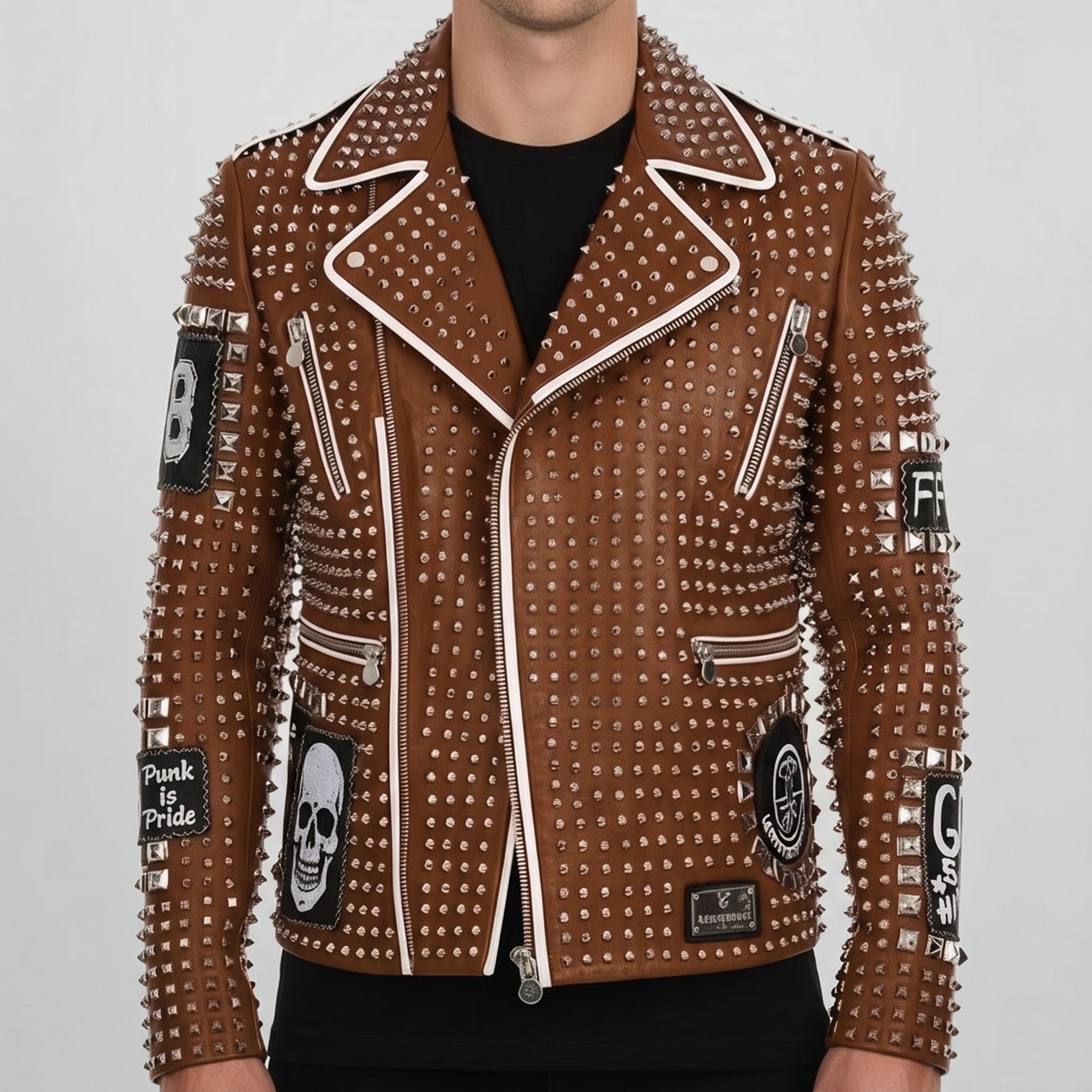 Men's Brown Studded Leather Biker Jacket — Binley