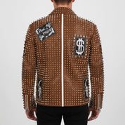 Men's Brown Studded Leather Biker Jacket — Binley