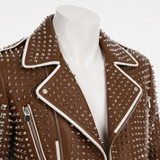 Men's Brown Studded Leather Biker Jacket — Binley