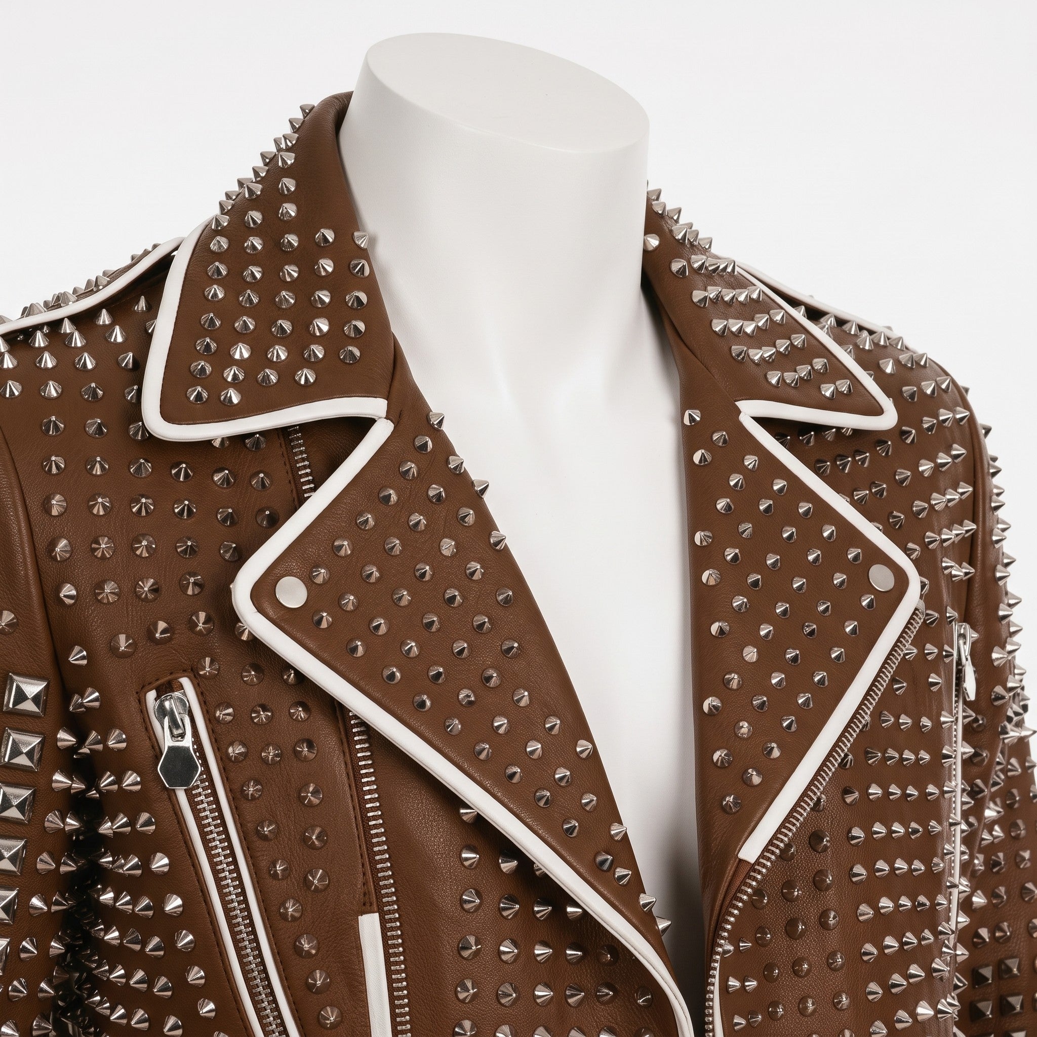 Men's Brown Studded Leather Biker Jacket — Binley