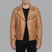 Men's Tan Studded Leather Biker Jacket — Burbidge
