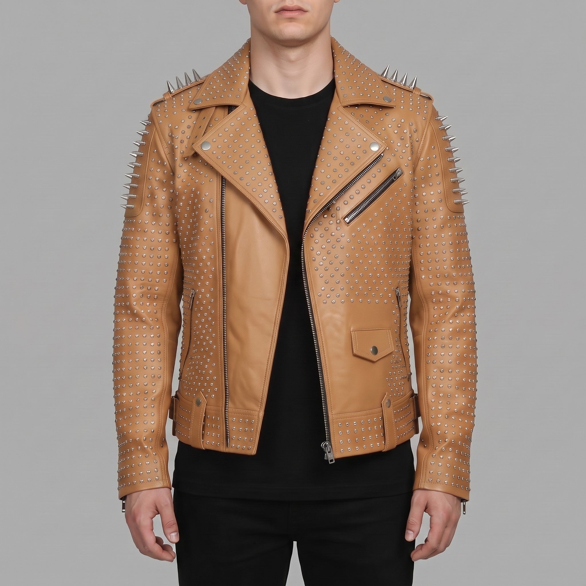 Men's Tan Studded Leather Biker Jacket — Burbidge
