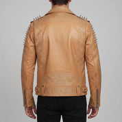 Men's Tan Studded Leather Biker Jacket — Burbidge