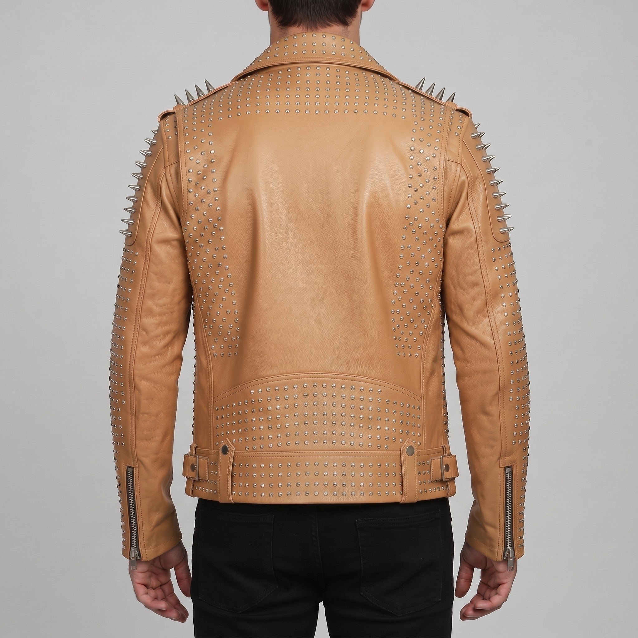 Men's Tan Studded Leather Biker Jacket — Burbidge