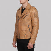 Men's Tan Studded Leather Biker Jacket — Burbidge