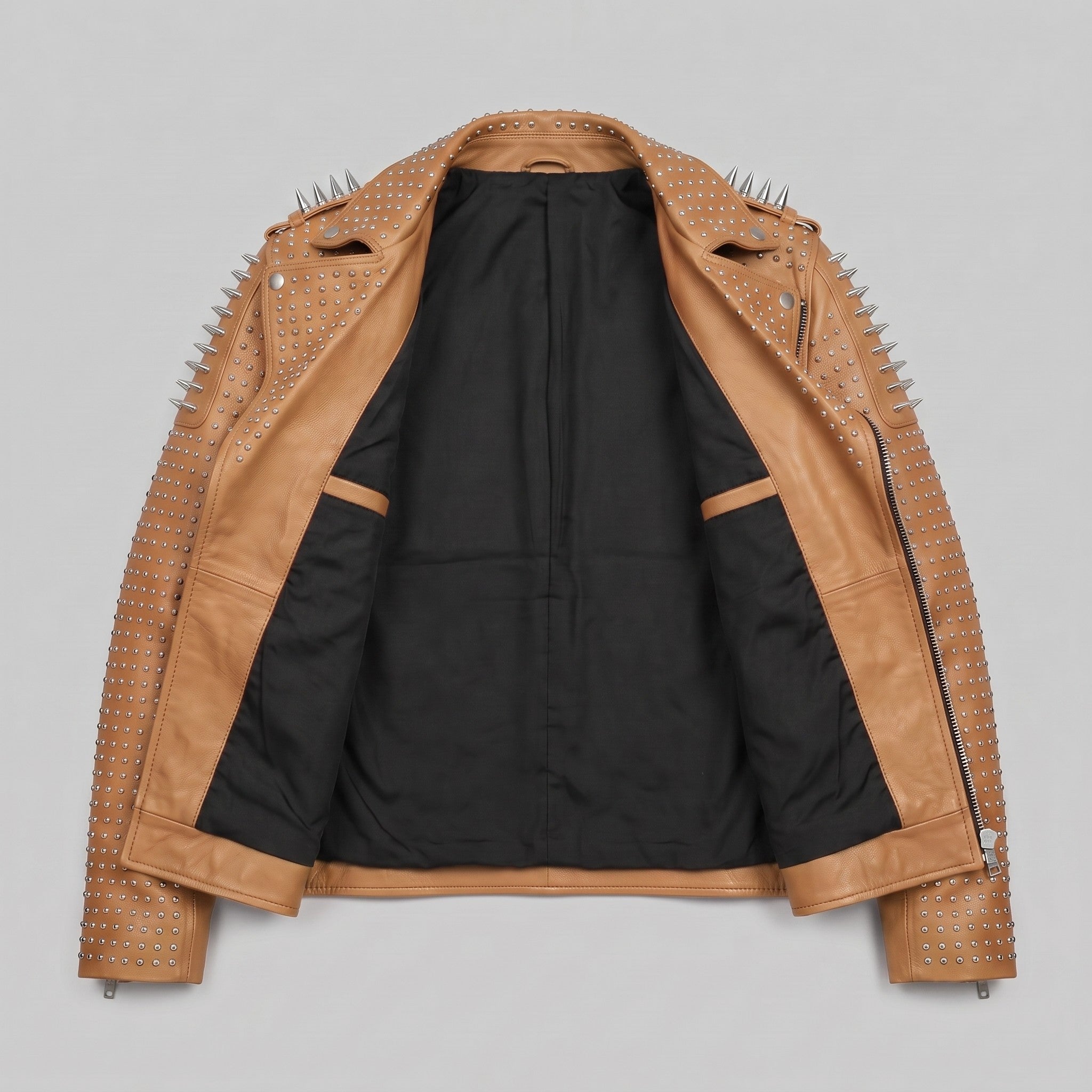 Men's Tan Studded Leather Biker Jacket — Burbidge